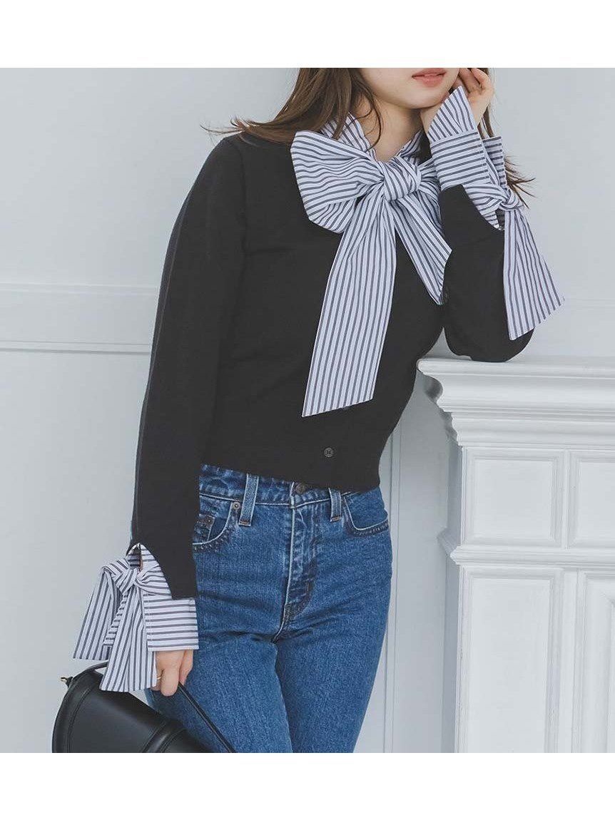 【スナイデル/SNIDEL】のボウタイドッキングニットプルオーバー インテリア・キッズ・メンズ・レディースファッション・服の通販 founy(ファニー) 　ファッション　Fashion　レディースファッション　Fashion for Women　トップス・カットソー　Cut & Sew Tops　ニット　Knit Tops & Sweaters　カジュアルプルオーバー・ニットトップス　Pullovers & Knit Tops / Casual Pullovers　ウェーブ　Wavy Pattern　カフス　Cuff Design　カーディガン　Cardigan, Knitwear　ストライプ　Stripe, Striped Pattern　ストレッチ　Stretch, Stretchy Fabric　ストレート　Straight, Straight Cut　スマート　Smart, Elegant　ドッキング　Docking, Mixed Material　ビッグ　Big, Oversized　ブロード　Broadcloth, Fine Cotton　無地　Plain, Solid Color　リボン　Ribbon, Bow　おすすめ　Recommended / Our Picks　BLK[009]|ID: prp329100004786024 ipo3291000000035256013