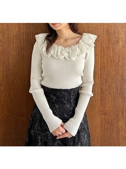 【スナイデル/SNIDEL】のシアーフリルニットプルオーバー【カンヘウォン着用】 人気、トレンドファッション・服の通販 founy(ファニー) 　ファッション　Fashion　レディースファッション　Fashion for Women　トップス・カットソー　Cut & Sew Tops　ニット　Knit Tops & Sweaters　カジュアルプルオーバー・ニットトップス　Pullovers & Knit Tops / Casual Pullovers　ウェーブ　Wavy Pattern　エレガント 上品　Elegant　今季　This Season, Current Season　シルク　Silk, 100% Silk　ストレート　Straight, Straight Cut　スマート　Smart, Elegant　バルーン　Balloon, Balloon Silhouette　バレエ　Ballet, Ballet Style　フィット　Fit, Slim Fit　フリル　Frill, Ruffle　ミックス　Mix, Mixed Style　モノトーン　Monotone, Black and White　ラウンド　Round, Round Neck　リブニット　Rib Knit, Ribbed Knit　おすすめ　Recommended / Our Picks　 other-1|ID: prp329100004786027 ipo3291000000034741121