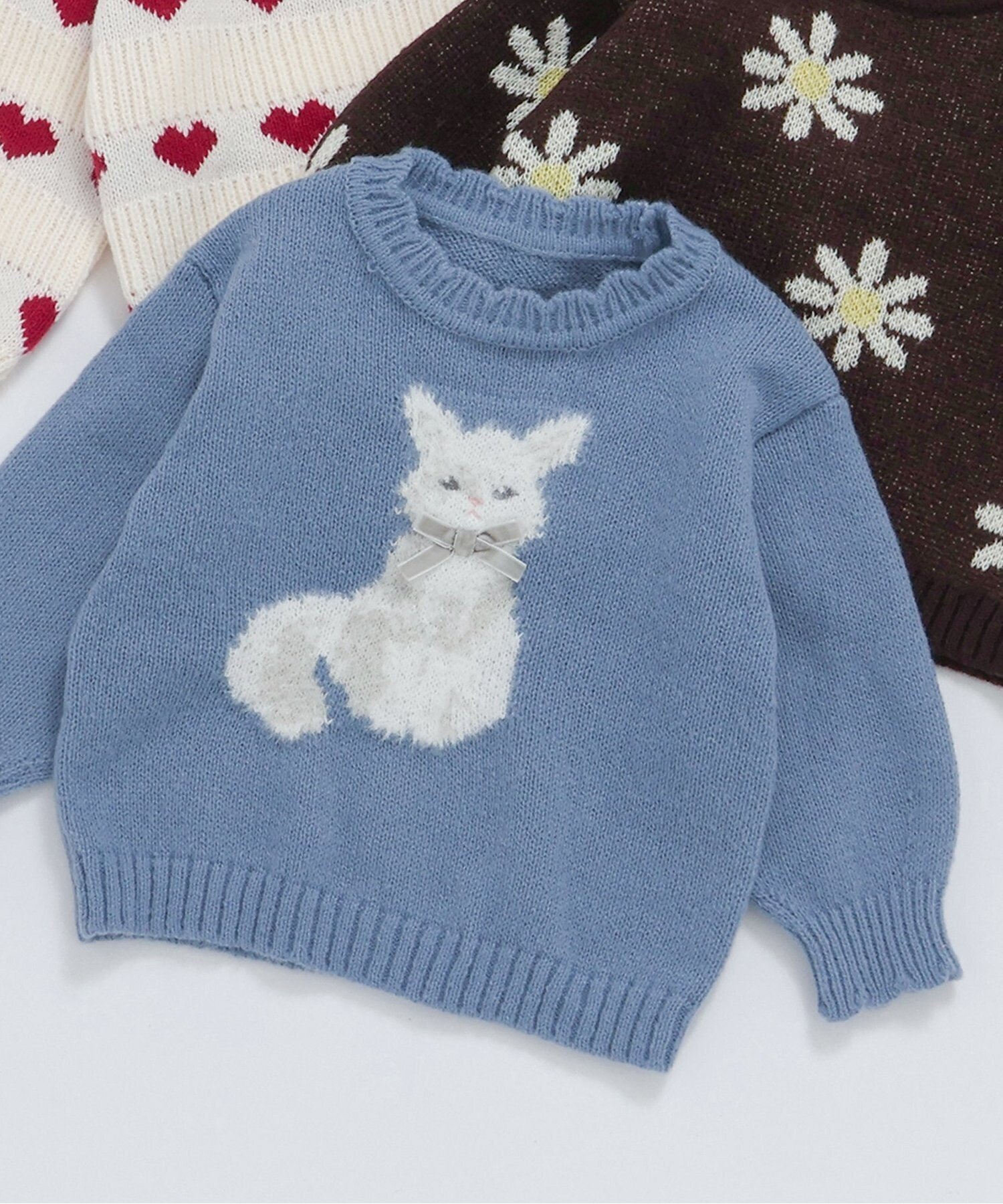 【エフオー オンラインストア/F.O.Online Store / KIDS】のハート・フラワー・ネコモチーフニット インテリア・キッズ・メンズ・レディースファッション・服の通販 founy(ファニー) ファッション Fashion キッズファッション Fashion for Kids セーター Sweater, Knitwear サックス|ID: prp329100004786309 ipo3291000000034742279