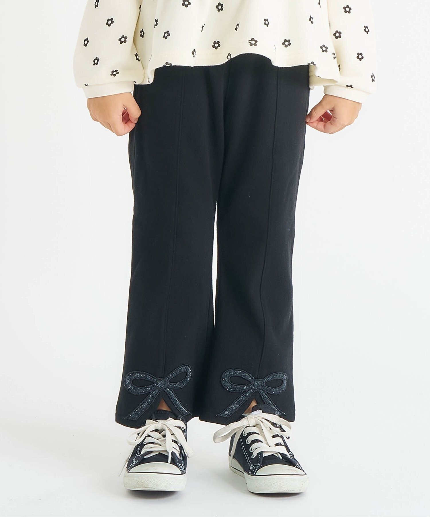 【エフオー オンラインストア/F.O.Online Store / KIDS】のWEB限定 裏起毛リボンスリットカットソーパンツ 10分丈 インテリア・キッズ・メンズ・レディースファッション・服の通販 founy(ファニー) 　ファッション　Fashion　キッズファッション　Fashion for Kids　トップス・カットソー　Cut & Sew Tops　ボトムス　Bottoms　ブラック|ID: prp329100004786324 ipo3291000000034742341
