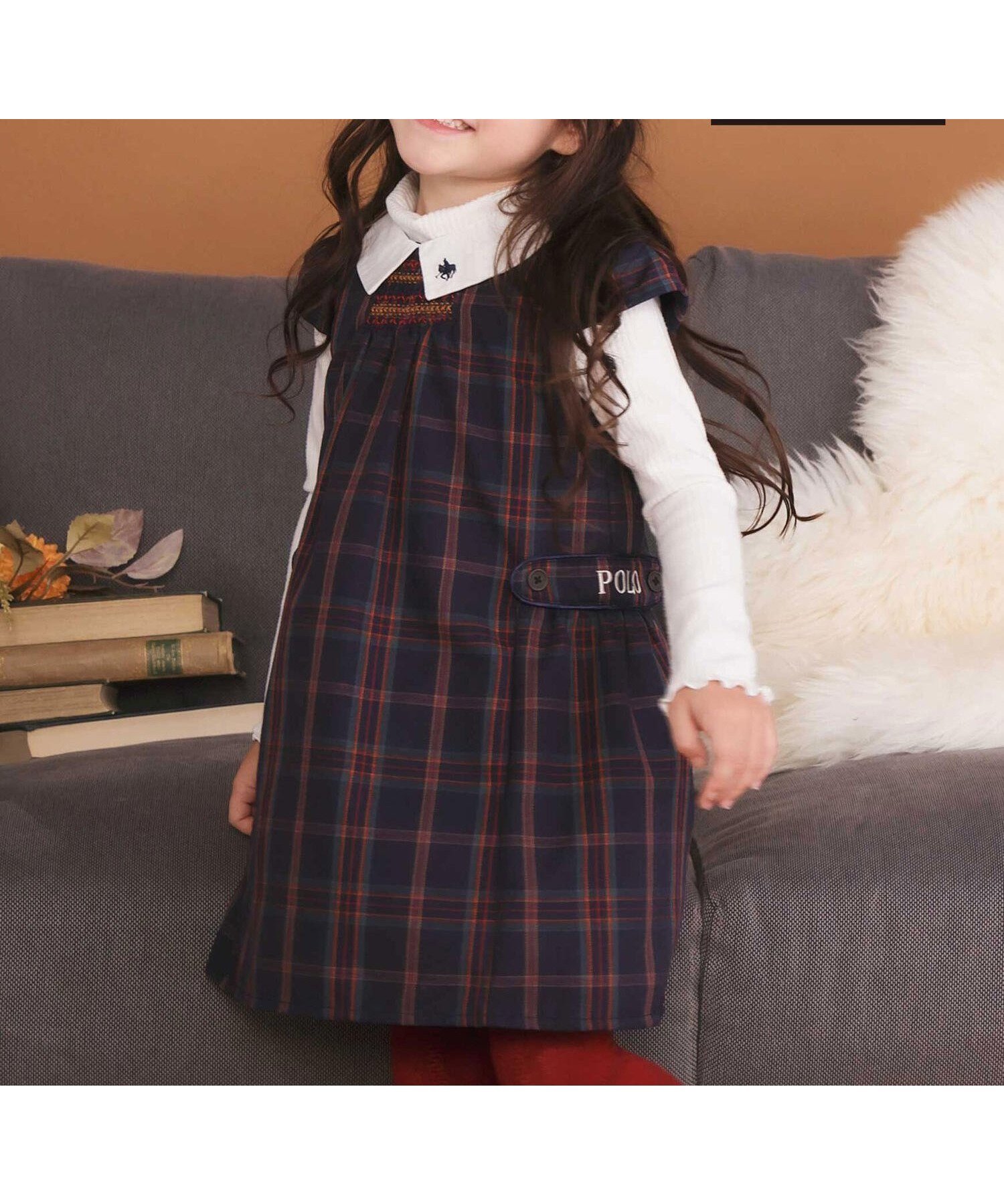 【ベベ オンライン ストア/BEBE ONLINE STORE / KIDS】の【POLO BCS(ポロ・ビーシーエス)*SLAP SLIPコラボ】【お揃い】襟付きスモッキング腰タブチェックジャンパースカート(80~130cm) インテリア・キッズ・メンズ・レディースファッション・服の通販 founy(ファニー) 　ファッション　Fashion　キッズファッション　Fashion for Kids　インナー　Innerwear　秋　Autumn　コラボ　Collaboration, Collab　スモッキング　Smocking, Gathered Stitching　チェック　Check, Plaid, Tartan　フレンチ　French, French Style　フロント　Front, Front Design　羽織　Haori, Light Jacket　A/W・秋冬　Autumn/Winter　エレガント 上品　Elegant　2025年　2025　2025-2026秋冬・A/W　Autumn/Winter 2025–26 AW25–26　ネイビー系|ID: prp329100004786385 ipo3291000000034961524