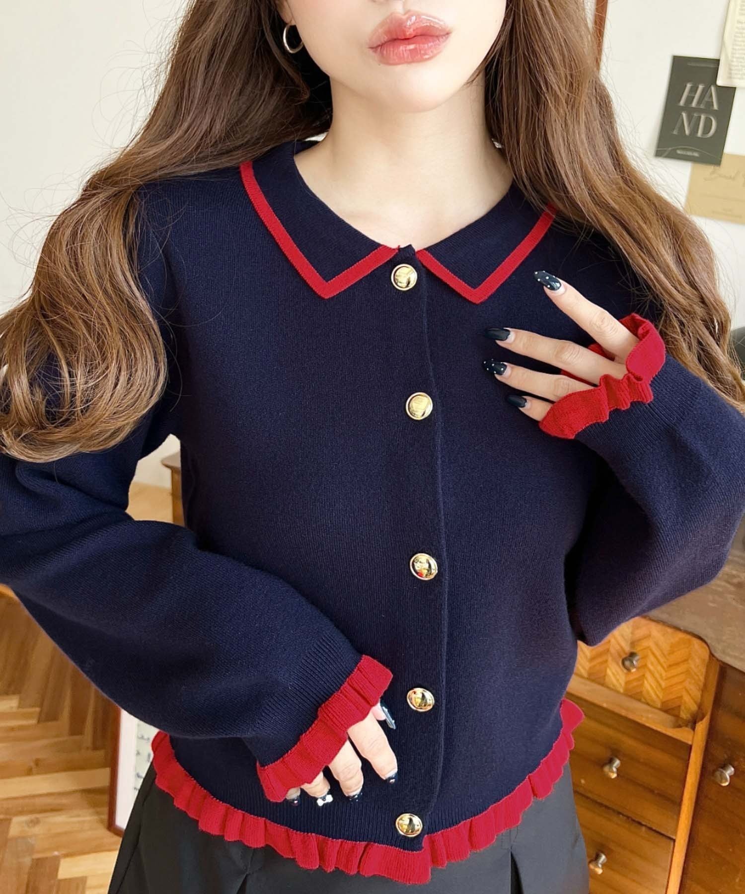 【モーメントプラス/moment+ / MEN】の襟付き配色フリルカーディガン インテリア・キッズ・メンズ・レディースファッション・服の通販 founy(ファニー) 　ファッション　Fashion　メンズファッション　Fashion for Men　インナー　Innerwear　カーディガン　Cardigan, Knitwear　コンパクト　Compact, Small Size　ジャケット　Jacket, Outerwear　トレンド　Trend, Trending Now　フェミニン　Feminine, Girly　フリル　Frill, Ruffle　フレア　Flare, Flared　ベーシック　Basic, Essential　羽織　Haori, Light Jacket　ワイド　Wide, Wide Fit　再入荷　Restock / Back in Stock　プチプライス・低価格　Affordable / Budget Price　ネイビー|ID: prp329100004786542 ipo3291000000034743208