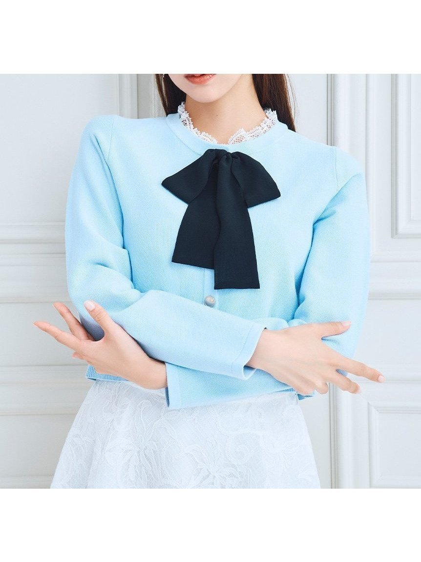 【セルフォード/CELFORD】のデタッチャブルリボン カラーカーディガン インテリア・キッズ・メンズ・レディースファッション・服の通販 founy(ファニー) 　ファッション　Fashion　レディースファッション　Fashion for Women　トップス・カットソー　Cut & Sew Tops　カーディガン・羽織り　Layered Style Cardigans　カーディガン　Cardigan, Knitwear　シンプル　Simple, Minimal　ジャケット　Jacket, Outerwear　スマート　Smart, Elegant　ボックス　Boxy, Box Shape　リボン　Ribbon, Bow　レース　Lace, Lace Fabric　SAX[083]|ID: prp329100004786855 ipo3291000000035134441