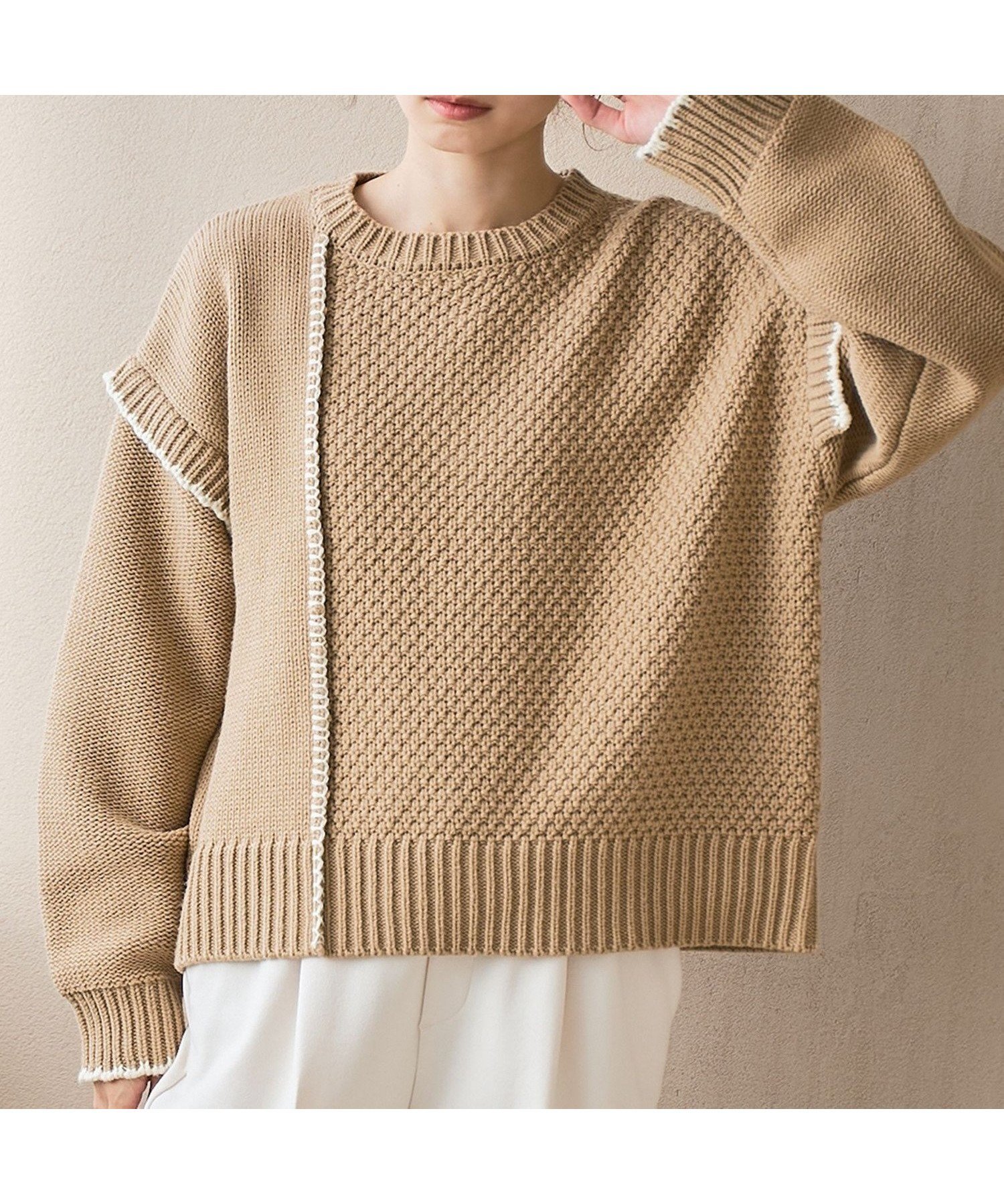 【コーエン/COEN】の配色ステッチパッチワークニット インテリア・キッズ・メンズ・レディースファッション・服の通販 founy(ファニー) 　ファッション　Fashion　レディースファッション　Fashion for Women　トップス・カットソー　Cut & Sew Tops　ニット　Knit Tops & Sweaters　切替　Switching, Contrast Panel　デニム　Denim, Jeans Material　パッチワーク　Patchwork, Mixed Fabric　フェミニン　Feminine, Girly　ボトム　Bottoms, Lower Wear　リラックス　Relax, Relaxed Fit　おすすめ　Recommended / Our Picks　BEIGE|ID: prp329100004787245 ipo3291000000034746612