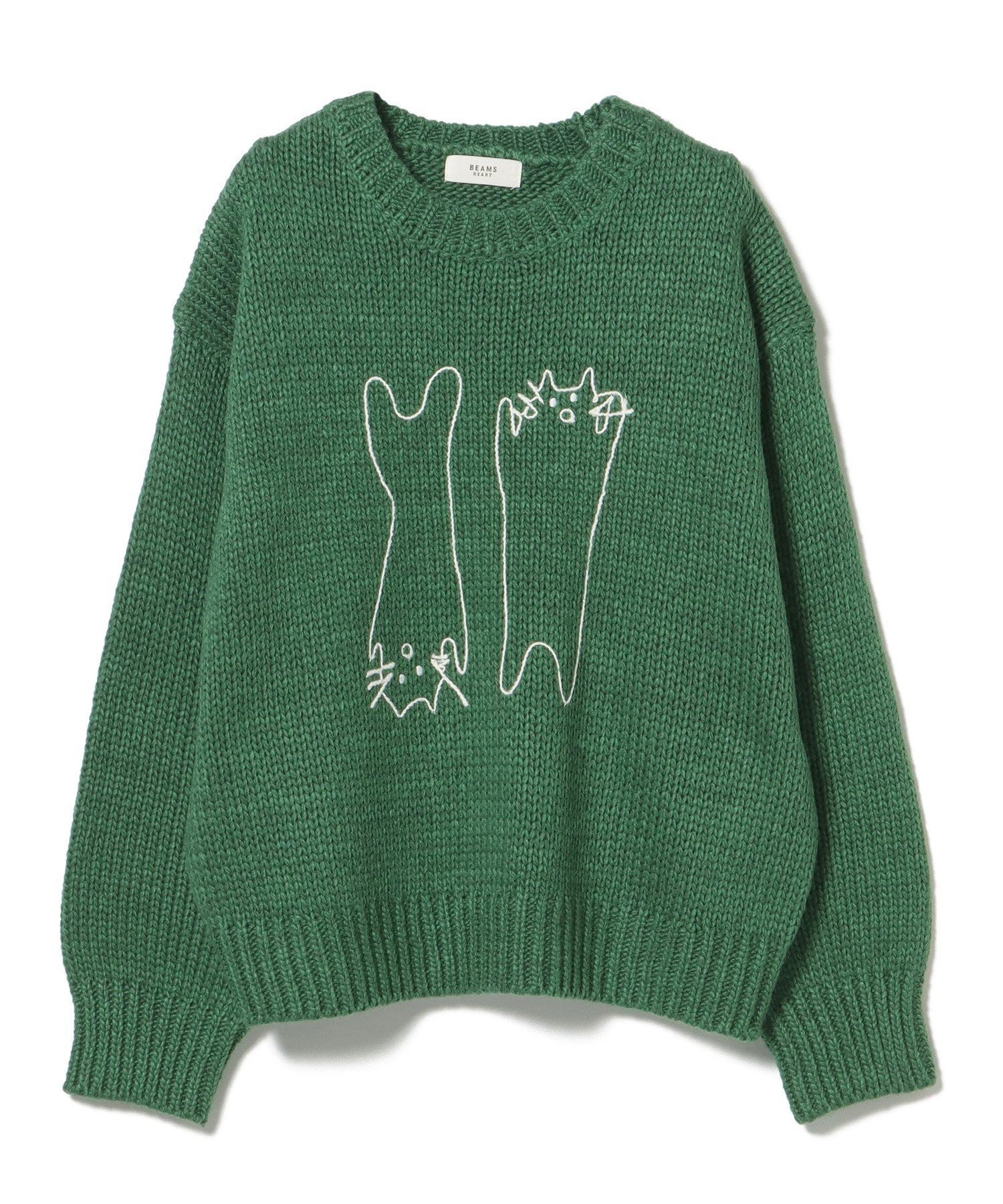 【ビームス ハート/BEAMS HEART】のアートネコ 刺繍 ニット プルオーバー インテリア・キッズ・メンズ・レディースファッション・服の通販 founy(ファニー) 　ファッション　Fashion　レディースファッション　Fashion for Women　トップス・カットソー　Cut & Sew Tops　ニット　Knit Tops & Sweaters　カジュアルプルオーバー・ニットトップス　Pullovers & Knit Tops / Casual Pullovers　おすすめ　Recommended / Our Picks　インナー　Innerwear　シンプル　Simple, Minimal　スラックス　Slacks, Dress Pants　デニム　Denim, Jeans Material　ネコ　Cat, Feline Motif　リラックス　Relax, Relaxed Fit　冬　Winter / This Winter　猫　Cat, Kitty　GREEN|ID: prp329100004787352 ipo3291000000034803029