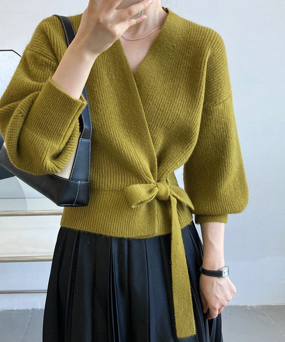 【ミニミニストア/miniministore】のニットトップス カシュクールニット 韓国 インテリア・キッズ・メンズ・レディースファッション・服の通販 founy(ファニー) 　ファッション　Fashion　レディースファッション　Fashion for Women　トップス・カットソー　Cut & Sew Tops　ニット　Knit Tops & Sweaters　アクリル　Acrylic Material　ショルダー　Shoulder, Shoulder Strap　ドロップ　Drop Shoulder, Dropped Style　エレガント 上品　Elegant　無地　Plain, Solid Color　A/W・秋冬　Autumn/Winter　黄緑色|ID: prp329100004787375 ipo3291000000034928568