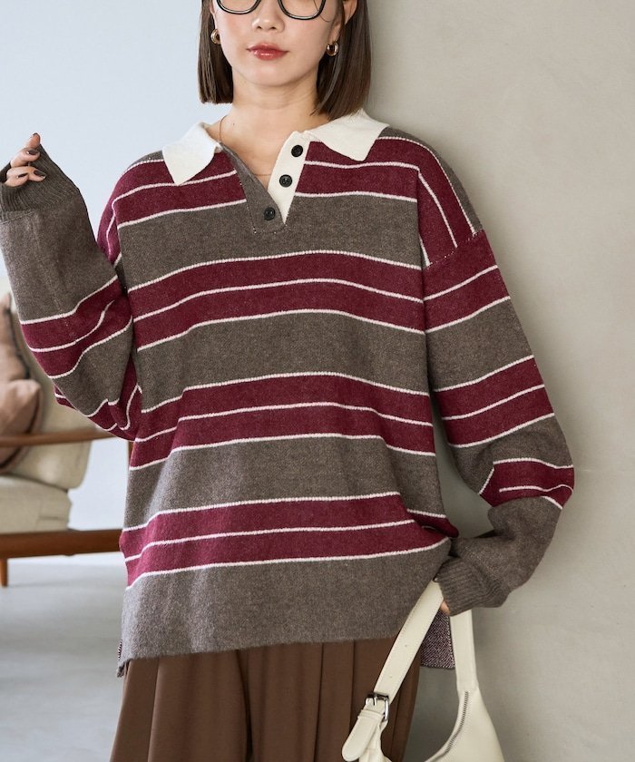 【フリークスストア/FREAK'S STORE】のラガー ボーダー ニット ポロ襟 プルオーバー【限定展開】 25AW インテリア・キッズ・メンズ・レディースファッション・服の通販 founy(ファニー) 　ファッション　Fashion　レディースファッション　Fashion for Women　トップス・カットソー　Cut & Sew Tops　ニット　Knit Tops & Sweaters　カジュアルプルオーバー・ニットトップス　Pullovers & Knit Tops / Casual Pullovers　ショート　Short, Short Length　ジャケット　Jacket, Outerwear　スラックス　Slacks, Dress Pants　デニム　Denim, Jeans Material　ボーダー　Border, Stripe　ロング　Long, Long-Length　ワイド　Wide, Wide Fit　A/W・秋冬　Autumn/Winter　冬　Winter / This Winter　おすすめ　Recommended / Our Picks　エレガント 上品　Elegant　2025年　2025　2025-2026秋冬・A/W　Autumn/Winter 2025–26 AW25–26　ブラウン×ボルドー×オフ|ID: prp329100004787397 ipo3291000000035154970