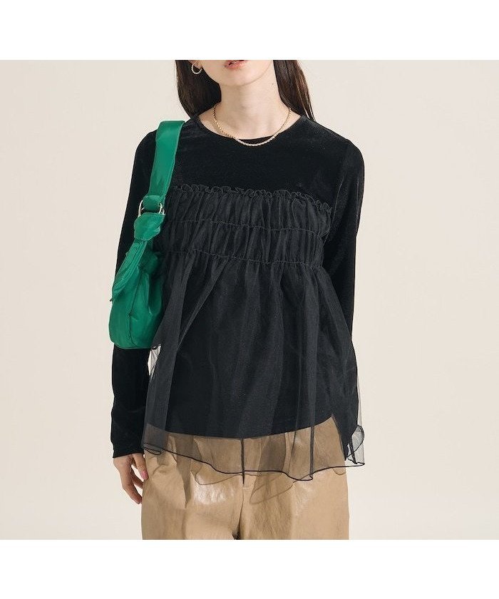 【フリークスストア/FREAK'S STORE】のベロアジャージ チュールドッキングトップス 25AW インテリア・キッズ・メンズ・レディースファッション・服の通販 founy(ファニー) 　ファッション　Fashion　レディースファッション　Fashion for Women　トップス・カットソー　Cut & Sew Tops　ベロアトップス　Velour Tops / Velvet-Look Items　2025年　2025　2025-2026秋冬・A/W　Autumn/Winter 2025–26 AW25–26　冬　Winter / This Winter　コンパクト　Compact, Small Size　ストレッチ　Stretch, Stretchy Fabric　チュール　Tulip, Tulip Motif　ドッキング　Docking, Mixed Material　フェミニン　Feminine, Girly　フリル　Frill, Ruffle　ベロア　Velour, Soft Velvet　エレガント 上品　Elegant　A/W・秋冬　Autumn/Winter　ブラック|ID: prp329100004787399 ipo3291000000035014592