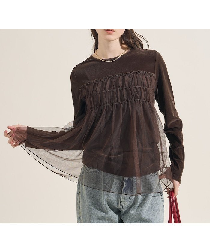 【フリークスストア/FREAK'S STORE】のベロアジャージ チュールドッキングトップス 25AW インテリア・キッズ・メンズ・レディースファッション・服の通販 founy(ファニー) 　ファッション　Fashion　レディースファッション　Fashion for Women　トップス・カットソー　Cut & Sew Tops　ベロアトップス　Velour Tops / Velvet-Look Items　2025年　2025　2025-2026秋冬・A/W　Autumn/Winter 2025–26 AW25–26　冬　Winter / This Winter　コンパクト　Compact, Small Size　ストレッチ　Stretch, Stretchy Fabric　チュール　Tulip, Tulip Motif　ドッキング　Docking, Mixed Material　フェミニン　Feminine, Girly　フリル　Frill, Ruffle　ベロア　Velour, Soft Velvet　エレガント 上品　Elegant　A/W・秋冬　Autumn/Winter　ブラウン|ID: prp329100004787399 ipo3291000000035014593