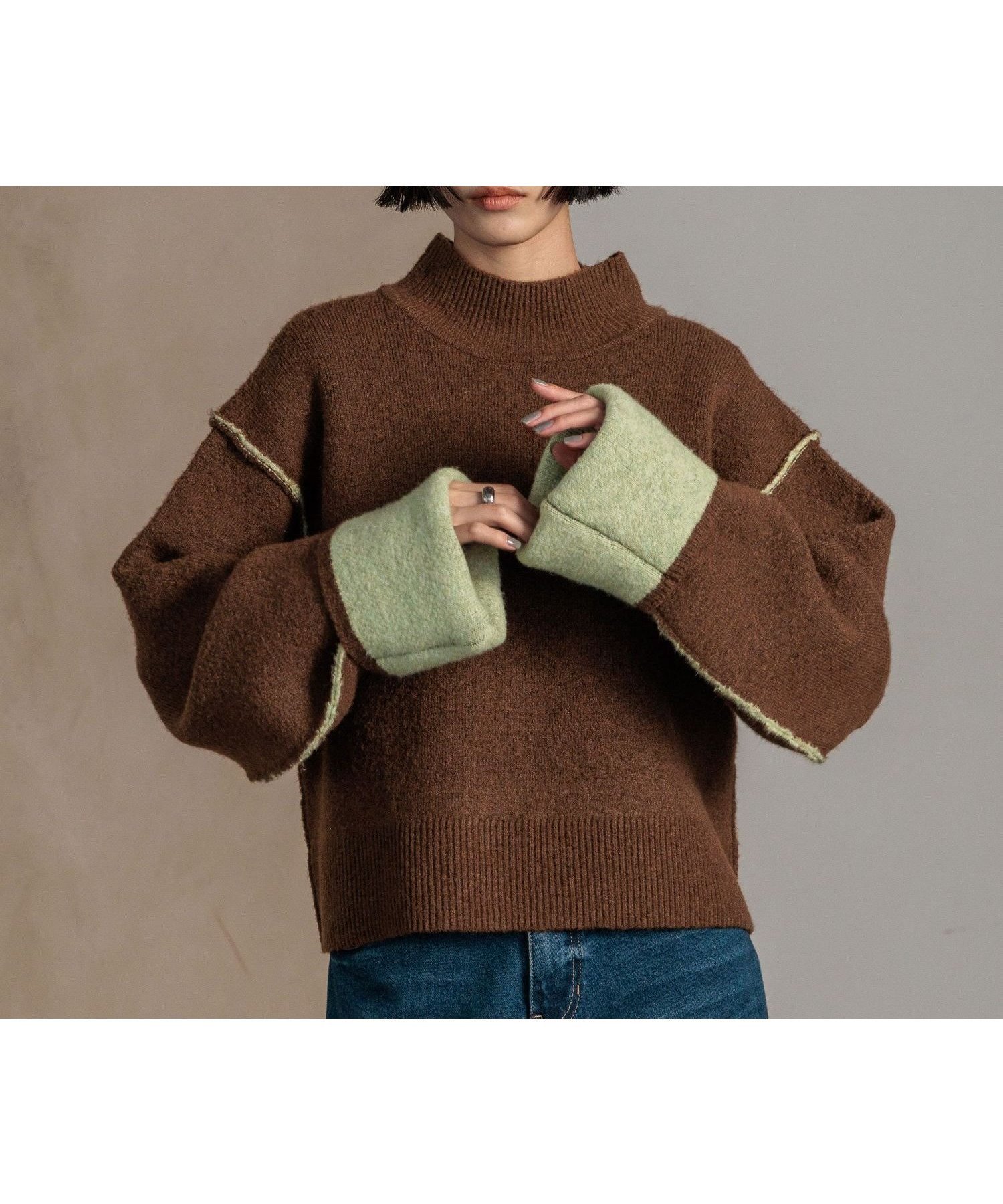 【ローリーズファーム/LOWRYS FARM】のバイカラーハイネックニットプルオーバーLS インテリア・キッズ・メンズ・レディースファッション・服の通販 founy(ファニー) 　ファッション　Fashion　レディースファッション　Fashion for Women　トップス・カットソー　Cut & Sew Tops　ニット　Knit Tops & Sweaters　カジュアルプルオーバー・ニットトップス　Pullovers & Knit Tops / Casual Pullovers　クロップド　Cropped, Short Length　ストレート　Straight, Straight Cut　ボトム　Bottoms, Lower Wear　リバーシブル　Reversible, Two-Sided　ワイド　Wide, Wide Fit　ブラウン×グリーン|ID: prp329100004787408 ipo3291000000034747290