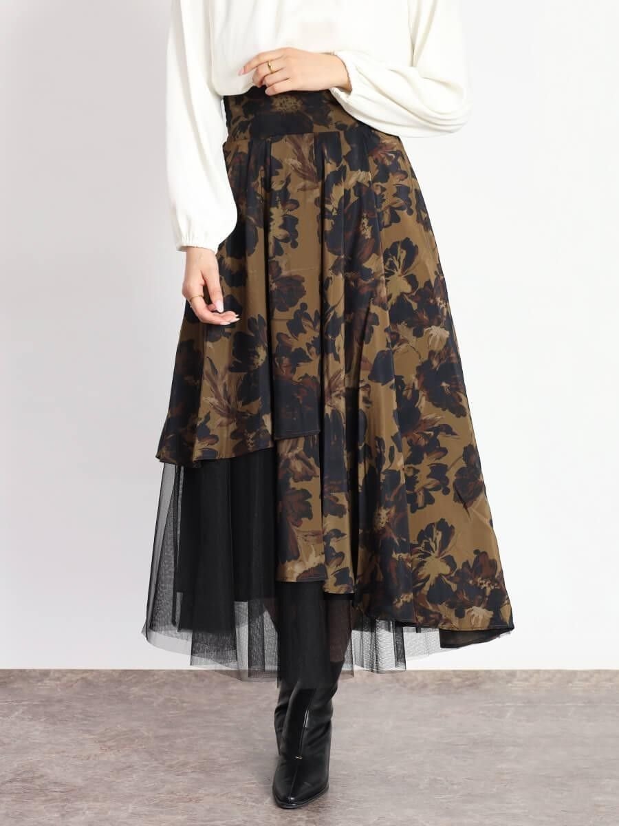 【ヴァン/Vin】のチュールレイヤードフラワースカート インテリア・キッズ・メンズ・レディースファッション・服の通販 founy(ファニー) 　ファッション　Fashion　レディースファッション　Fashion for Women　スカート　Skirts　アシンメトリー　Asymmetrical Style　コンパクト　Compact, Small Size　シャーリング　Shirring, Ruched　チュール　Tulip, Tulip Motif　バランス　Balance, Style Balance　フラワー　Flower, Floral　フレア　Flare, Flared　フロント　Front, Front Design　プリント　Print, Printed Pattern　ラップ　Wrap, Wrap Design　エレガント 上品　Elegant　人気　Popular, Best Seller　ブラウン|ID: prp329100004787620 ipo3291000000034998899