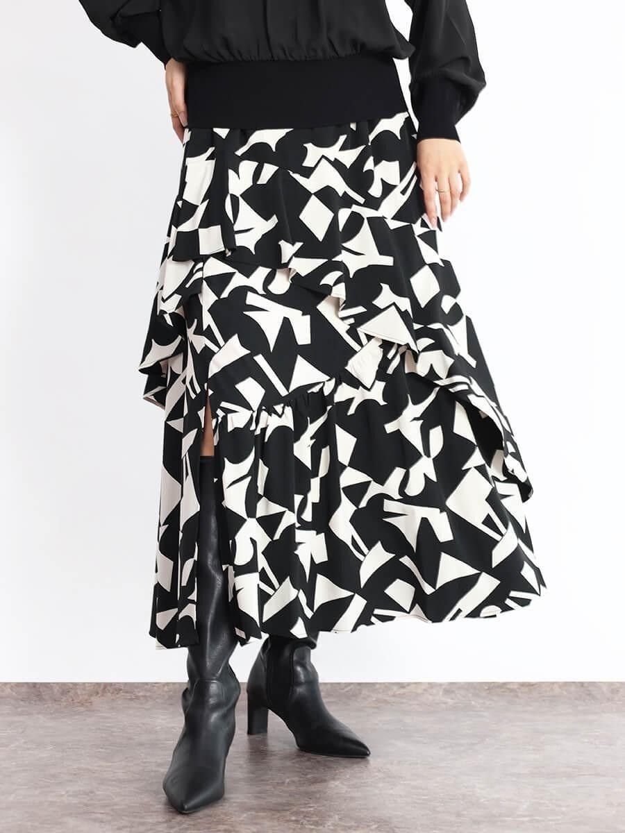 【ヴァン/Vin】のジオメトリックランダムティアードスカート 人気、トレンドファッション・服の通販 founy(ファニー) 　ファッション　Fashion　レディースファッション　Fashion for Women　スカート　Skirts　ティアードスカート　Tiered Skirts　エレガント 上品　Elegant　カーディガン　Cardigan, Knitwear　シンプル　Simple, Minimal　スリット　Slit, Slit Detail　フレア　Flare, Flared　モダン　Modern, Contemporary　ランダム　Random, Irregular　 other-1|ID: prp329100004787622 ipo3291000000034927341