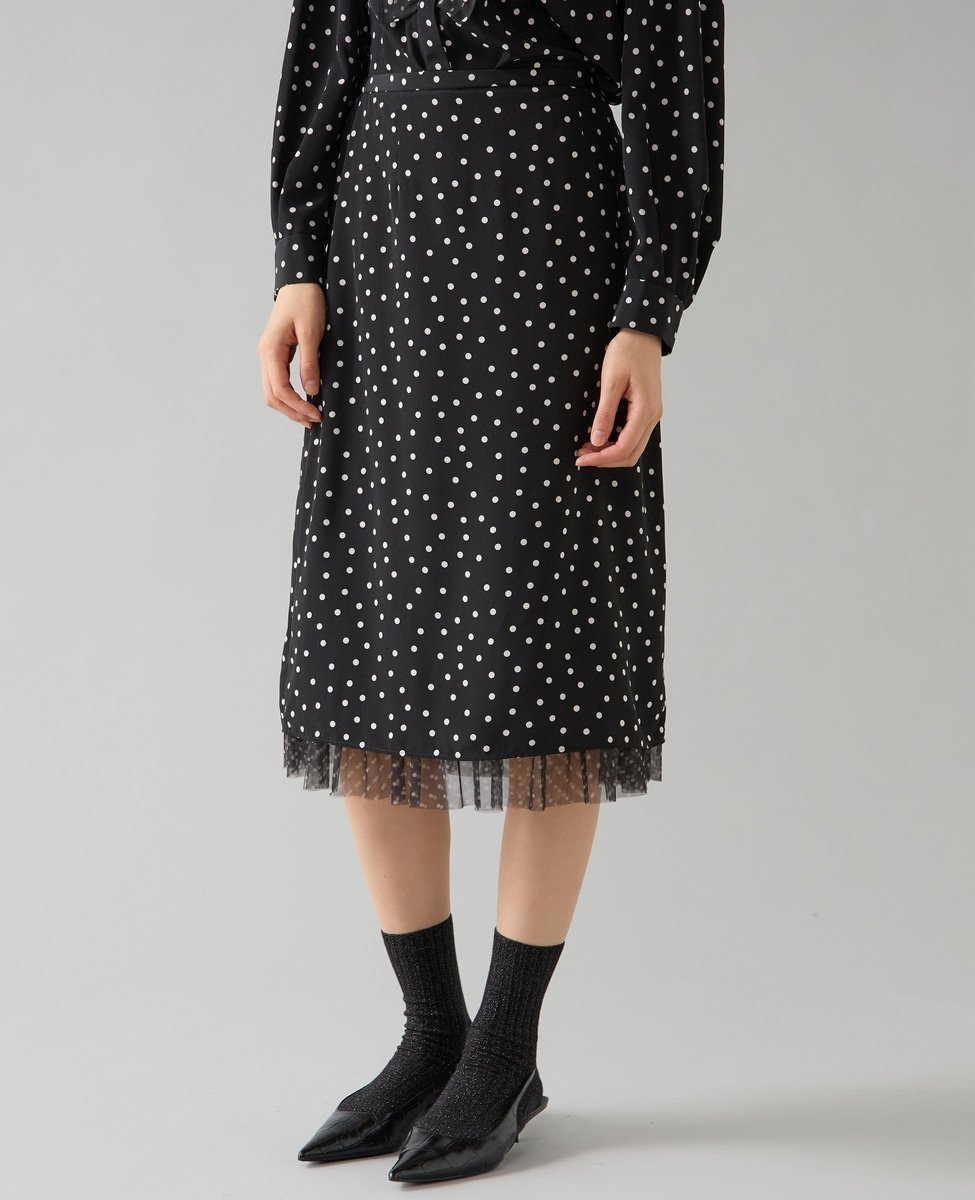【ティアラ/Tiara】のドットプリントフリルスカート インテリア・キッズ・メンズ・レディースファッション・服の通販 founy(ファニー) 　ファッション　Fashion　レディースファッション　Fashion for Women　スカート　Skirts　シンプル　Simple, Minimal　タイトスカート　Pencil Skirt, Tight Skirt　ドット　Polka Dot, Dot Pattern　プリント　Print, Printed Pattern　ペチコート　Petticoat, Underskirt　ランダム　Random, Irregular　ブラック|ID: prp329100004787699 ipo3291000000035215723