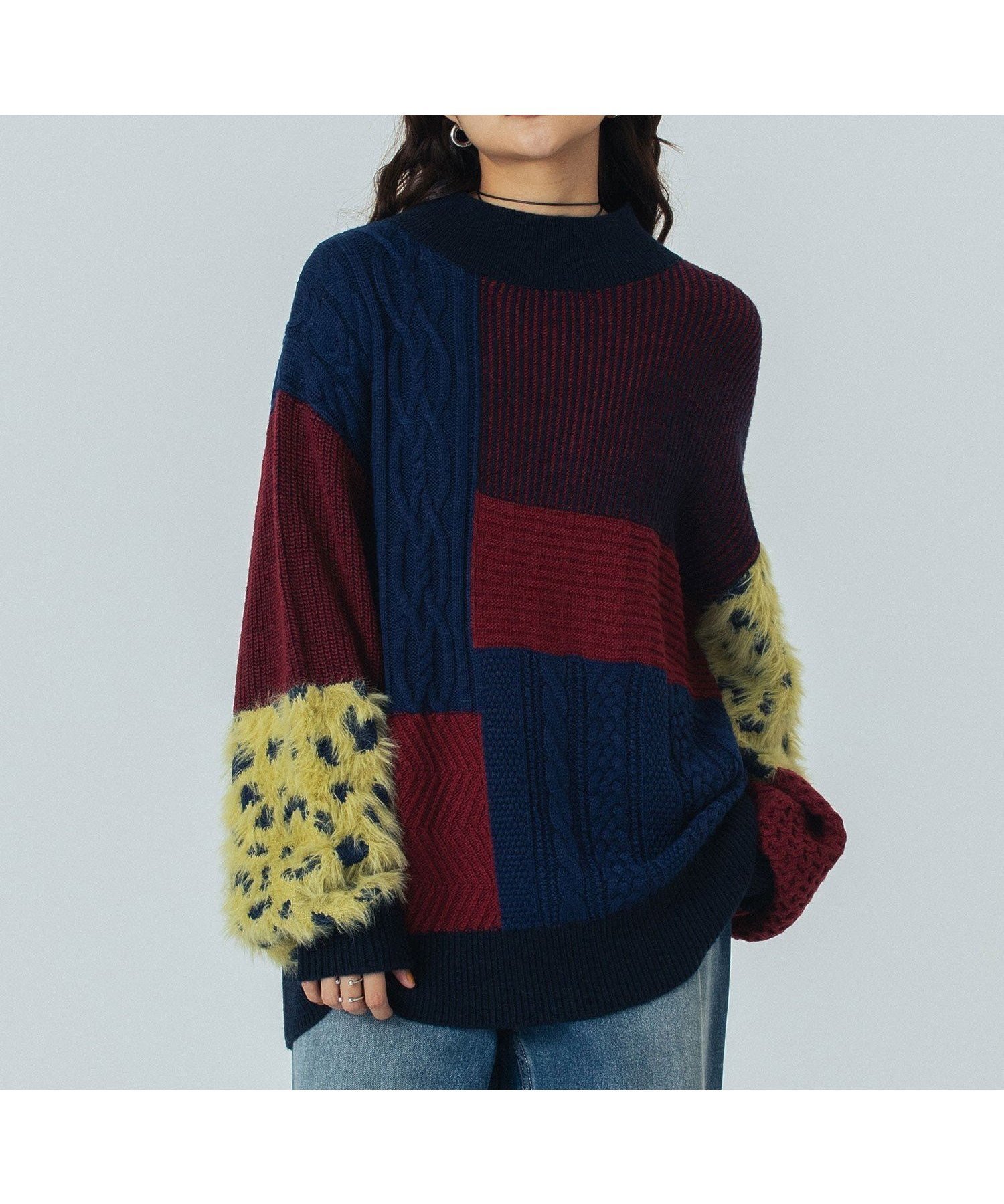 【ローズバッド/ROSE BUD】のPATCHWORK KNIT TOP インテリア・キッズ・メンズ・レディースファッション・服の通販 founy(ファニー) 　ファッション　Fashion　レディースファッション　Fashion for Women　トップス・カットソー　Cut & Sew Tops　ニット　Knit Tops & Sweaters　インナー　Innerwear　シンプル　Simple, Minimal　ジャカード／ジャガード　Jacquard, Woven Pattern　スタンダード　Standard, Basic　パッチワーク　Patchwork, Mixed Fabric　フェザーヤーン　Feather Yarn, Fluffy Yarn　ベーシック　Basic, Essential　ボトム　Bottoms, Lower Wear　レオパード　Leopard, Animal Print　おすすめ　Recommended / Our Picks　NAVY|ID: prp329100004787972 ipo3291000000035022219