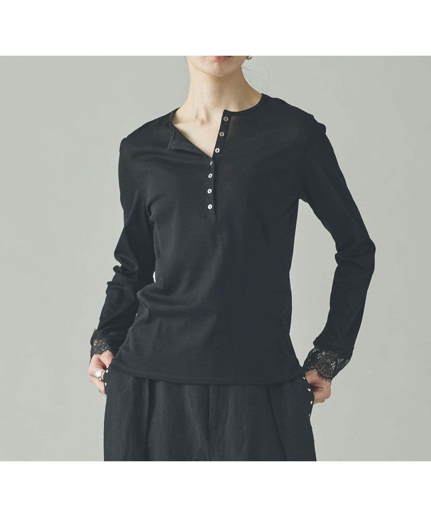 【カレンソロジー/Curensology】のヘンリーレースロングスリーブTシャツ インテリア・キッズ・メンズ・レディースファッション・服の通販 founy(ファニー) ファッション Fashion レディースファッション Fashion for Women トップス・カットソー Cut & Sew Tops シャツ・ブラウス・オフィスカジュアル Elegant Blouses & Button-Ups ロングTシャツ・Tシャツ Longline T-Shirts & Tees エレガント 上品 Elegant カットソー Cut and Sewn Top キュプラ Cupro, Eco Fabric シアー Sheer, See-Through フェミニン Feminine, Girly レース Lace, Lace Fabric ロング Long, Long-Length A/W・秋冬 Autumn/Winter おすすめ Recommended / Our Picks ブラック|ID: prp329100004788703 ipo3291000000034752409