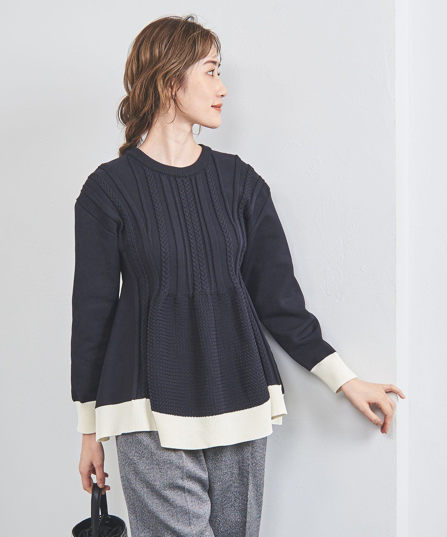 【ユナイテッドアローズ/UNITED ARROWS】のケーブル ペプラム ロングスリーブ ニット インテリア・キッズ・メンズ・レディースファッション・服の通販 founy(ファニー) 　ファッション　Fashion　レディースファッション　Fashion for Women　トップス・カットソー　Cut & Sew Tops　ニット　Knit Tops & Sweaters　スリム　Slim, Slim Fit　スリーブ　Sleeve, Long Sleeve / Short Sleeve　ペプラム　Peplum, Flared Hem　リラックス　Relax, Relaxed Fit　ロング　Long, Long-Length　ワイド　Wide, Wide Fit　アウトレット　Outlet / Clearance　おすすめ　Recommended / Our Picks　NAVY|ID: prp329100004788934 ipo3291000000034753359