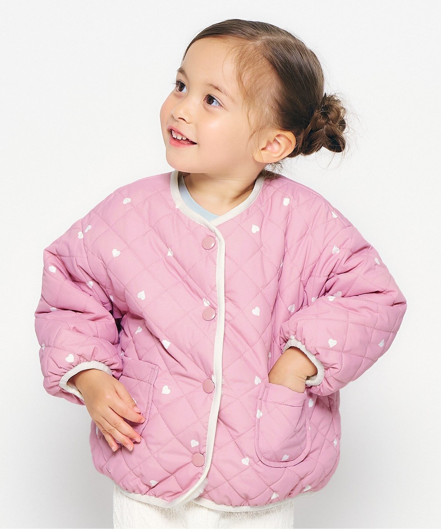 【エフオー オンラインストア/F.O.Online Store / KIDS】のハートポケットリバーシブルファージャケット インテリア・キッズ・メンズ・レディースファッション・服の通販 founy(ファニー) 　ファッション　Fashion　キッズファッション　Fashion for Kids　アウター　Coat Outerwear /Kids　キルティング　Quilted, Quilting　トレーナー　Sweatshirt, Trainer　冬　Winter / This Winter　ピンク|ID: prp329100004789062 ipo3291000000035185240