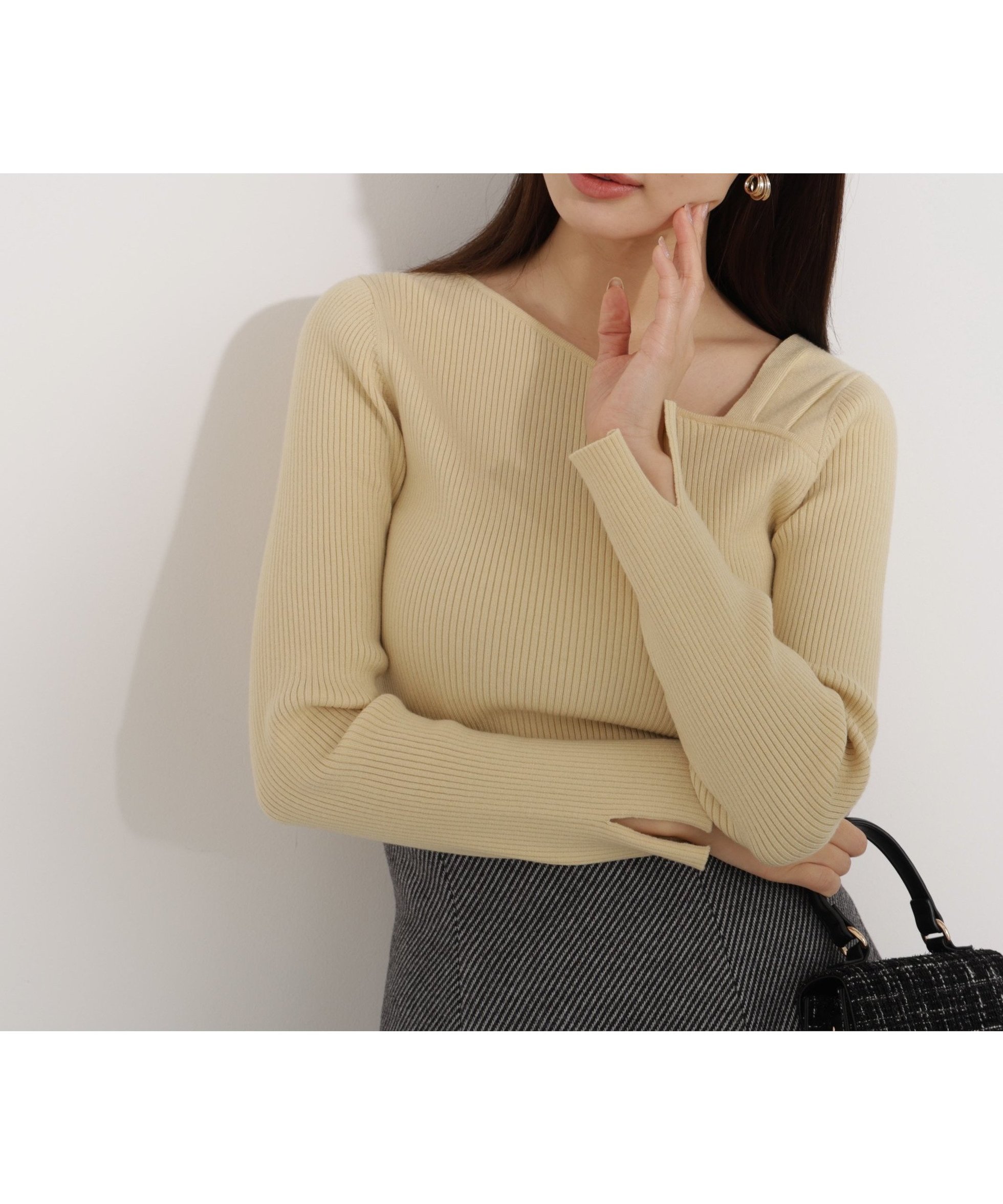 【プロポーション ボディドレッシング/PROPORTION BODY DRESSING】のアシメネックリブニット 25AW インテリア・キッズ・メンズ・レディースファッション・服の通販 founy(ファニー) 　ファッション　Fashion　レディースファッション　Fashion for Women　トップス・カットソー　Cut & Sew Tops　ニット　Knit Tops & Sweaters　2025年　2025　2025-2026秋冬・A/W　Autumn/Winter 2025–26 AW25–26　アシンメトリー　Asymmetrical Style　リブニット　Rib Knit, Ribbed Knit　イエロー|ID: prp329100004789256 ipo3291000000034870310