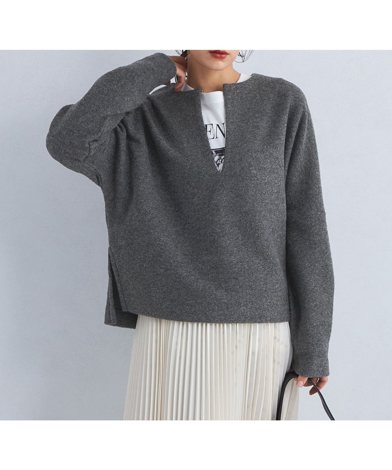 【ユナイテッドアローズ/UNITED ARROWS】のウーリー ブークレ プルオーバー カットソー インテリア・キッズ・メンズ・レディースファッション・服の通販 founy(ファニー) 　ファッション　Fashion　レディースファッション　Fashion for Women　トップス・カットソー　Cut & Sew Tops　カジュアルプルオーバー・ニットトップス　Pullovers & Knit Tops / Casual Pullovers　カットソー・ベーシックTシャツ　Cut-and-Sewn Tops / Stretch Tees & Basics　インナー　Innerwear　秋　Autumn　カットソー　Cut and Sewn Top　カーディガン　Cardigan, Knitwear　スリット　Slit, Slit Detail　デニム　Denim, Jeans Material　プリーツ　Pleats, Pleated　マニッシュ　Mannish, Boyish　冬　Winter / This Winter　A/W・秋冬　Autumn/Winter　アウトレット　Outlet / Clearance　DK.GRAY|ID: prp329100004789759 ipo3291000000034758941