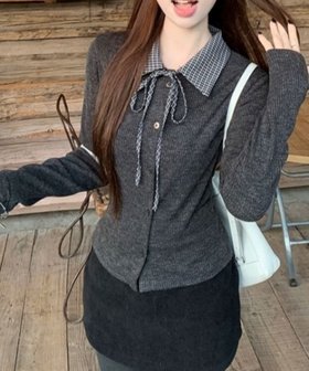 【ディアベル/DIAVEL】のチェックカラーリボンリブニットカーデ 人気、トレンドファッション・服の通販 founy(ファニー) ファッション Fashion レディースファッション Fashion for Women トップス・カットソー Cut & Sew Tops ニット Knit Tops & Sweaters カーディガン Cardigan, Knitwear シンプル Simple, Minimal ジャケット Jacket, Outerwear フェミニン Feminine, Girly リブニット Rib Knit, Ribbed Knit |ID:prp329100004789857