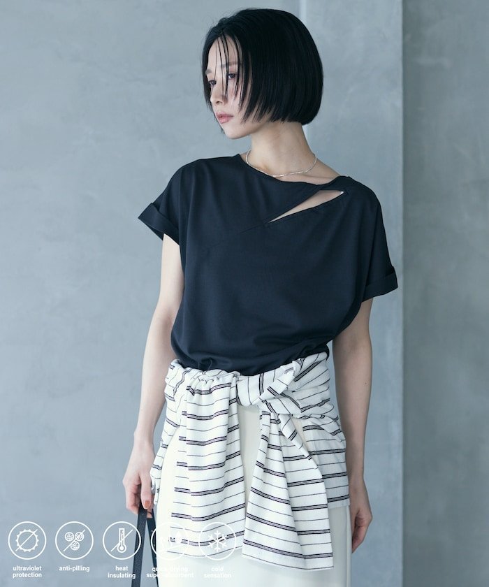 【フリークスストア/FREAK'S STORE】の機能性素材 AIRDRY スリットツイストネックカットソー / エアドライ アシンメトリーTシャツ / 吸水速乾 / 接触冷感 / UVカット 25SS インテリア・キッズ・メンズ・レディースファッション・服の通販 founy(ファニー) ファッション Fashion レディースファッション Fashion for Women トップス・カットソー Cut & Sew Tops シャツ・ブラウス・オフィスカジュアル Elegant Blouses & Button-Ups ロングTシャツ・Tシャツ Longline T-Shirts & Tees カットソー・ベーシックTシャツ Cut-and-Sewn Tops / Stretch Tees & Basics アシンメトリー Asymmetrical Style 吸水 Absorbent, Quick-Dry スラックス Slacks, Dress Pants ボトム Bottoms, Lower Wear 半袖 Short Sleeve, Half Sleeve ラウンド Round, Round Neck リラックス Relax, Relaxed Fit S/S・春夏 SS, Spring/Summer, Warm Season おすすめ Recommended / Our Picks 夏 Summer 2025年 2025 2025春夏・S/S Spring/Summer 2025 SS25 ブラック|ID: prp329100004789977 ipo3291000000034759985