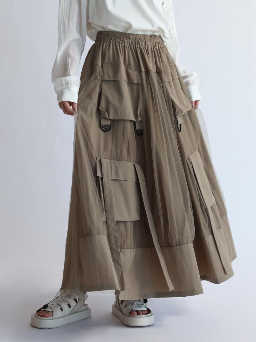 【ラシュッド/LASUD】のポケットデザインチュールスカート インテリア・キッズ・メンズ・レディースファッション・服の通販 founy(ファニー) 　ファッション　Fashion　レディースファッション　Fashion for Women　スカート　Skirts　カットソー　Cut and Sewn Top　シンプル　Simple, Minimal　チュール　Tulip, Tulip Motif　ポケット　Pocket, Pocket Detail　ミリタリー　Military, Army Style　ベージュ|ID: prp329100004790096 ipo3291000000034935768