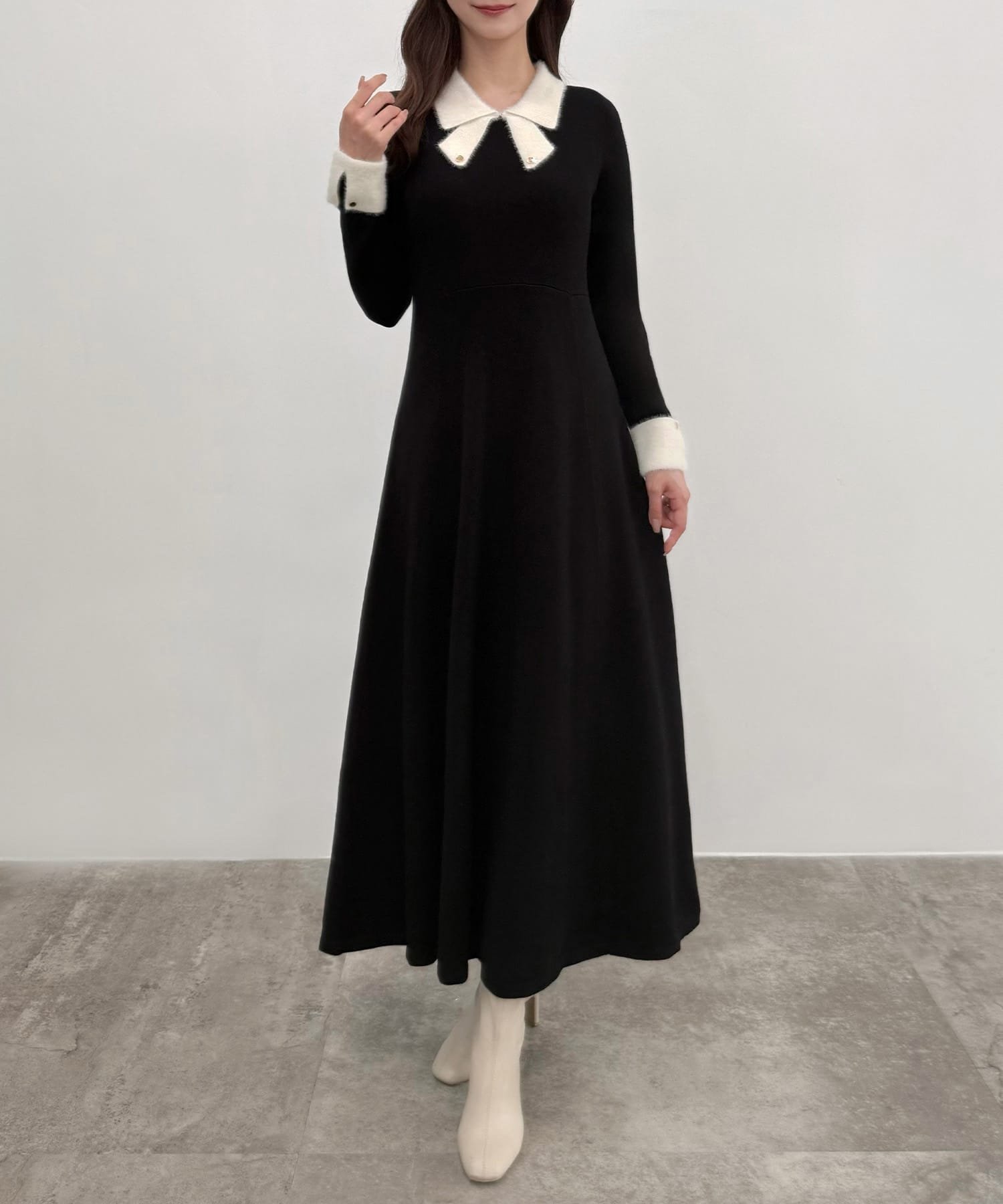 【ジュノア/JUNOAH】のCENEA バイカラーリボンニットワンピース インテリア・キッズ・メンズ・レディースファッション・服の通販 founy(ファニー) 　ファッション　Fashion　レディースファッション　Fashion for Women　ワンピース　Dresses　ニットワンピース　Knit Dresses　ブラック|ID: prp329100004790157 ipo3291000000034760652