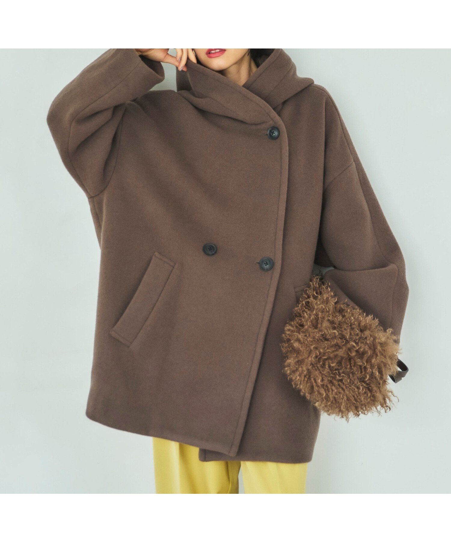 【ドゥ アルシーヴ/Doux archives】のフーディコート インテリア・キッズ・メンズ・レディースファッション・服の通販 founy(ファニー) 　ファッション　Fashion　レディースファッション　Fashion for Women　アウター　Coat / Outerwear Collection　コート・ロングコート・ピーコート　Long Coats, Peacoats & More　コクーン　Cocoon, Cocoon Silhouette　切替　Switching, Contrast Panel　ショルダー　Shoulder, Shoulder Strap　ダブル　Double, Double-Breasted　ドロップ　Drop Shoulder, Dropped Style　ミドル　Middle Length, Mid Height　リラックス　Relax, Relaxed Fit　BROWN|ID: prp329100004790185 ipo3291000000034760768