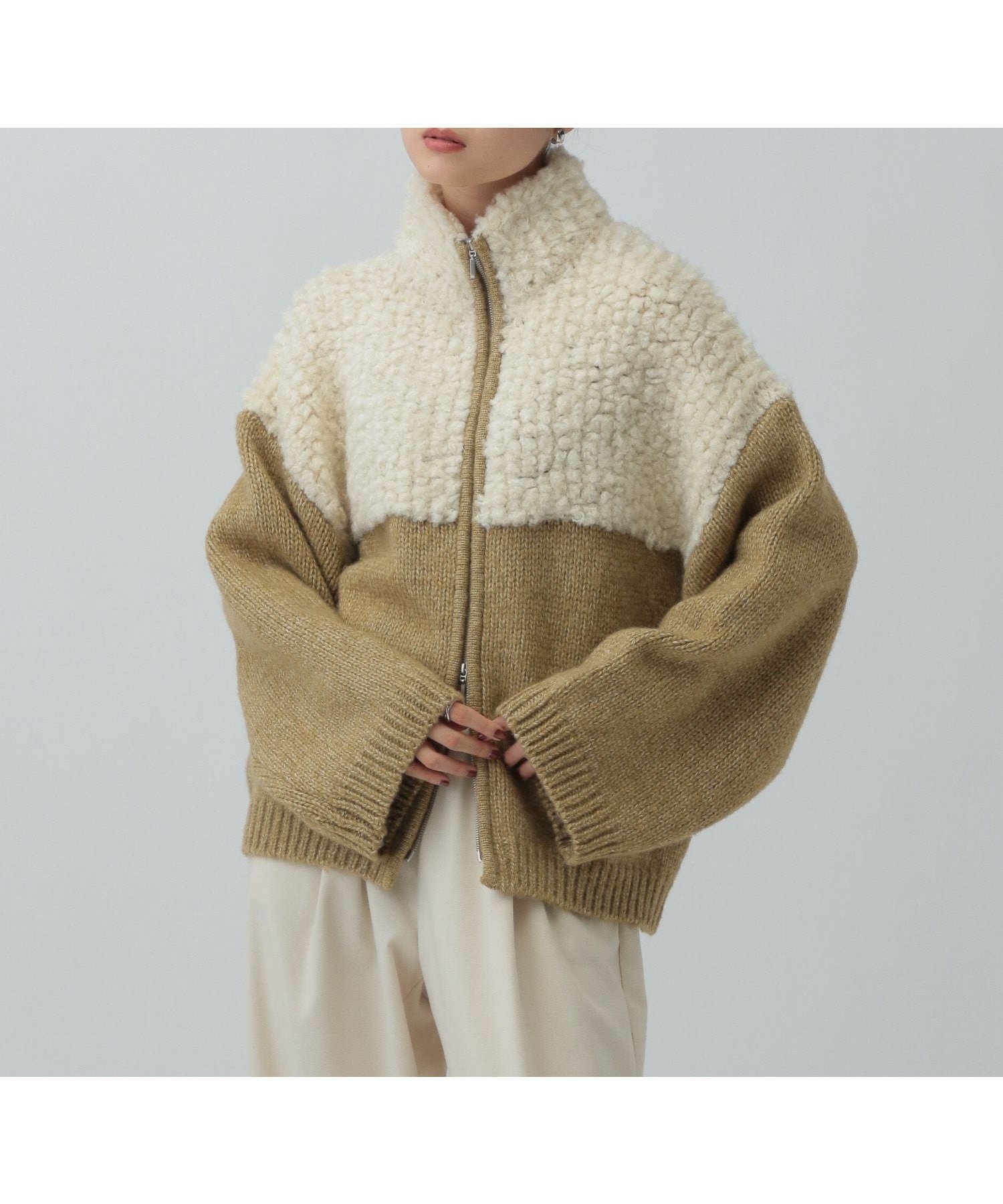 【レプシィム ローリーズファーム/LEPSIM LOWRYS FARM】の3.5ゲージ切り替えZIPカーディガン インテリア・キッズ・メンズ・レディースファッション・服の通販 founy(ファニー) 　ファッション　Fashion　レディースファッション　Fashion for Women　トップス・カットソー　Cut & Sew Tops　カーディガン・羽織り　Layered Style Cardigans　おすすめ　Recommended / Our Picks　カーディガン　Cardigan, Knitwear　スラックス　Slacks, Dress Pants　ハイネック　High Neck, Mock Neck　フラット　Flat, Flat Shoes　モコモコ　Fuzzy, Fluffy　オフホワイト08|ID: prp329100004790450 ipo3291000000034967390