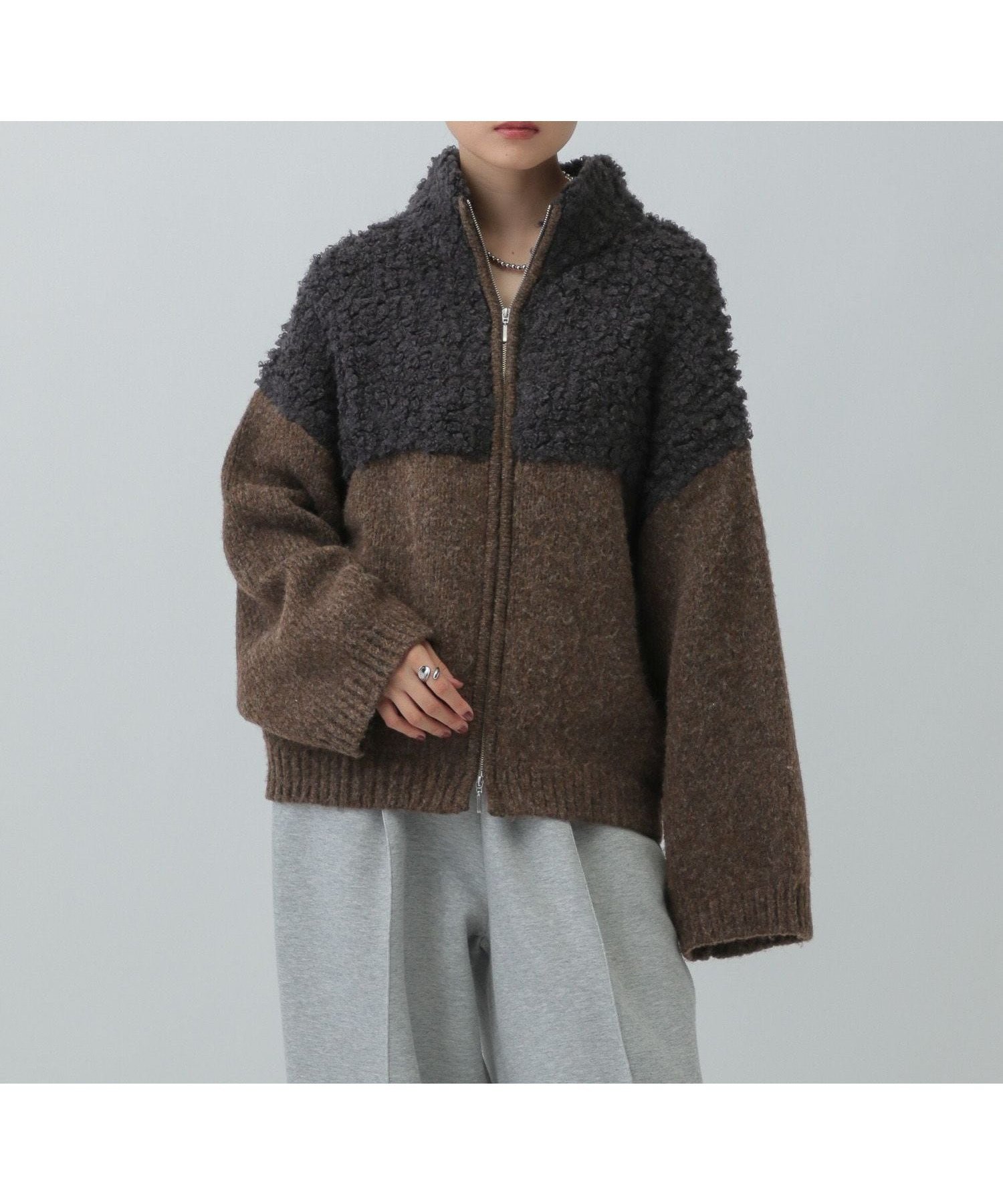 【レプシィム ローリーズファーム/LEPSIM LOWRYS FARM】の3.5ゲージ切り替えZIPカーディガン インテリア・キッズ・メンズ・レディースファッション・服の通販 founy(ファニー) 　ファッション　Fashion　レディースファッション　Fashion for Women　トップス・カットソー　Cut & Sew Tops　カーディガン・羽織り　Layered Style Cardigans　おすすめ　Recommended / Our Picks　カーディガン　Cardigan, Knitwear　スラックス　Slacks, Dress Pants　ハイネック　High Neck, Mock Neck　フラット　Flat, Flat Shoes　モコモコ　Fuzzy, Fluffy　チャコール19|ID: prp329100004790450 ipo3291000000034967392
