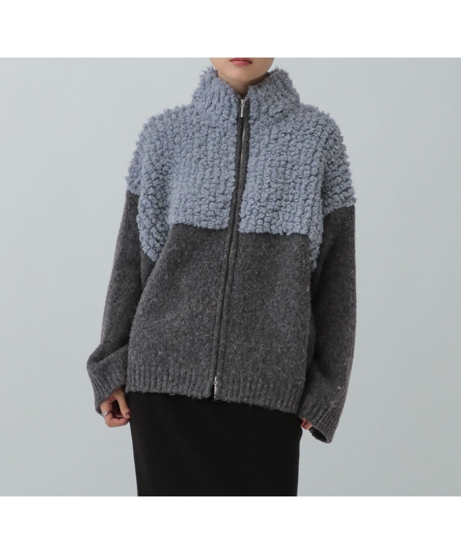 【レプシィム ローリーズファーム/LEPSIM LOWRYS FARM】の3.5ゲージ切り替えZIPカーディガン インテリア・キッズ・メンズ・レディースファッション・服の通販 founy(ファニー) 　ファッション　Fashion　レディースファッション　Fashion for Women　トップス・カットソー　Cut & Sew Tops　カーディガン・羽織り　Layered Style Cardigans　おすすめ　Recommended / Our Picks　カーディガン　Cardigan, Knitwear　スラックス　Slacks, Dress Pants　ハイネック　High Neck, Mock Neck　フラット　Flat, Flat Shoes　モコモコ　Fuzzy, Fluffy　ブルーグレー83|ID: prp329100004790450 ipo3291000000034967395