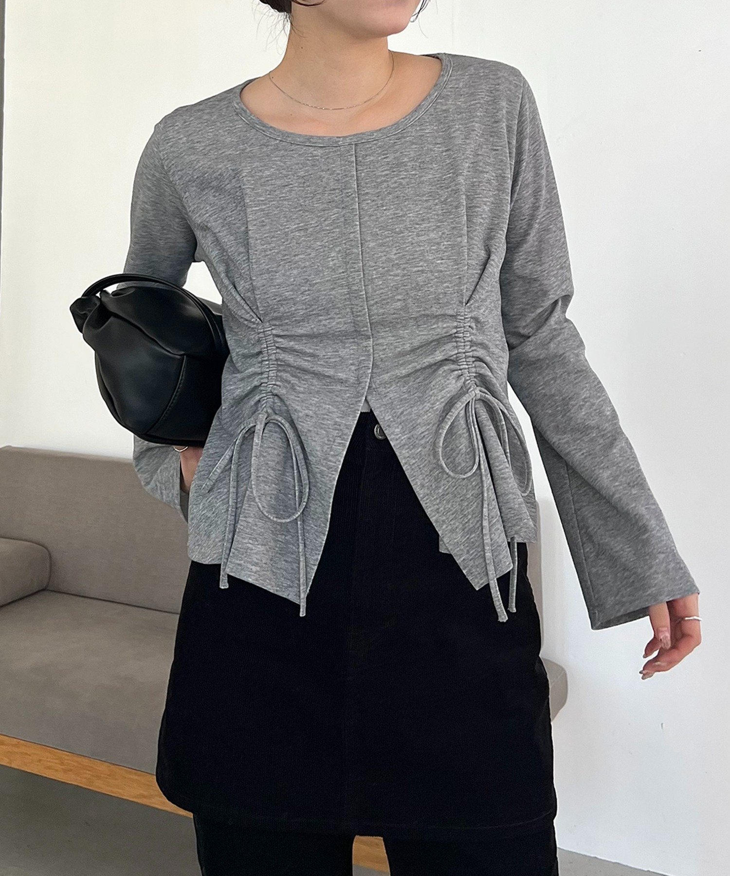 【カプリシューレマージュ/CAPRICIEUX LEMAGE】のドロストリブTシャツ インテリア・キッズ・メンズ・レディースファッション・服の通販 founy(ファニー) 　ファッション　Fashion　レディースファッション　Fashion for Women　トップス・カットソー　Cut & Sew Tops　シャツ・ブラウス・オフィスカジュアル　Elegant Blouses & Button-Ups　ロングTシャツ・Tシャツ　Longline T-Shirts & Tees　おすすめ　Recommended / Our Picks　インナー　Innerwear　カットソー　Cut and Sewn Top　ジャケット　Jacket, Outerwear　デニム　Denim, Jeans Material　バランス　Balance, Style Balance　フロント　Front, Front Design　ボトム　Bottoms, Lower Wear　ワイド　Wide, Wide Fit　グレー|ID: prp329100004790554 ipo3291000000034835403