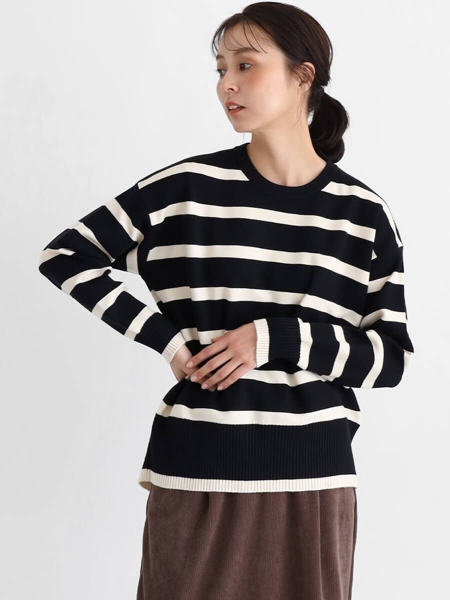 【ラシュッド/LASUD】のクルーネックボーダーニット インテリア・キッズ・メンズ・レディースファッション・服の通販 founy(ファニー) ファッション Fashion レディースファッション Fashion for Women トップス・カットソー Cut & Sew Tops ニット Knit Tops & Sweaters シンプル Simple, Minimal バランス Balance, Style Balance ボーダー Border, Stripe リラックス Relax, Relaxed Fit ワイド Wide, Wide Fit ブラック|ID: prp329100004790785 ipo3291000000034763382
