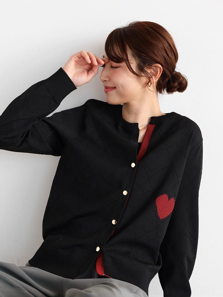 【ヴァン/Vin】の透かし編みハートニットカーディガン インテリア・キッズ・メンズ・レディースファッション・服の通販 founy(ファニー) 　ファッション　Fashion　レディースファッション　Fashion for Women　トップス・カットソー　Cut & Sew Tops　ニット　Knit Tops & Sweaters　カーディガン・羽織り　Layered Style Cardigans　カーディガン　Cardigan, Knitwear　コンパクト　Compact, Small Size　デニム　Denim, Jeans Material　ボーダー　Border, Stripe　ブラック|ID: prp329100004790786 ipo3291000000035011737