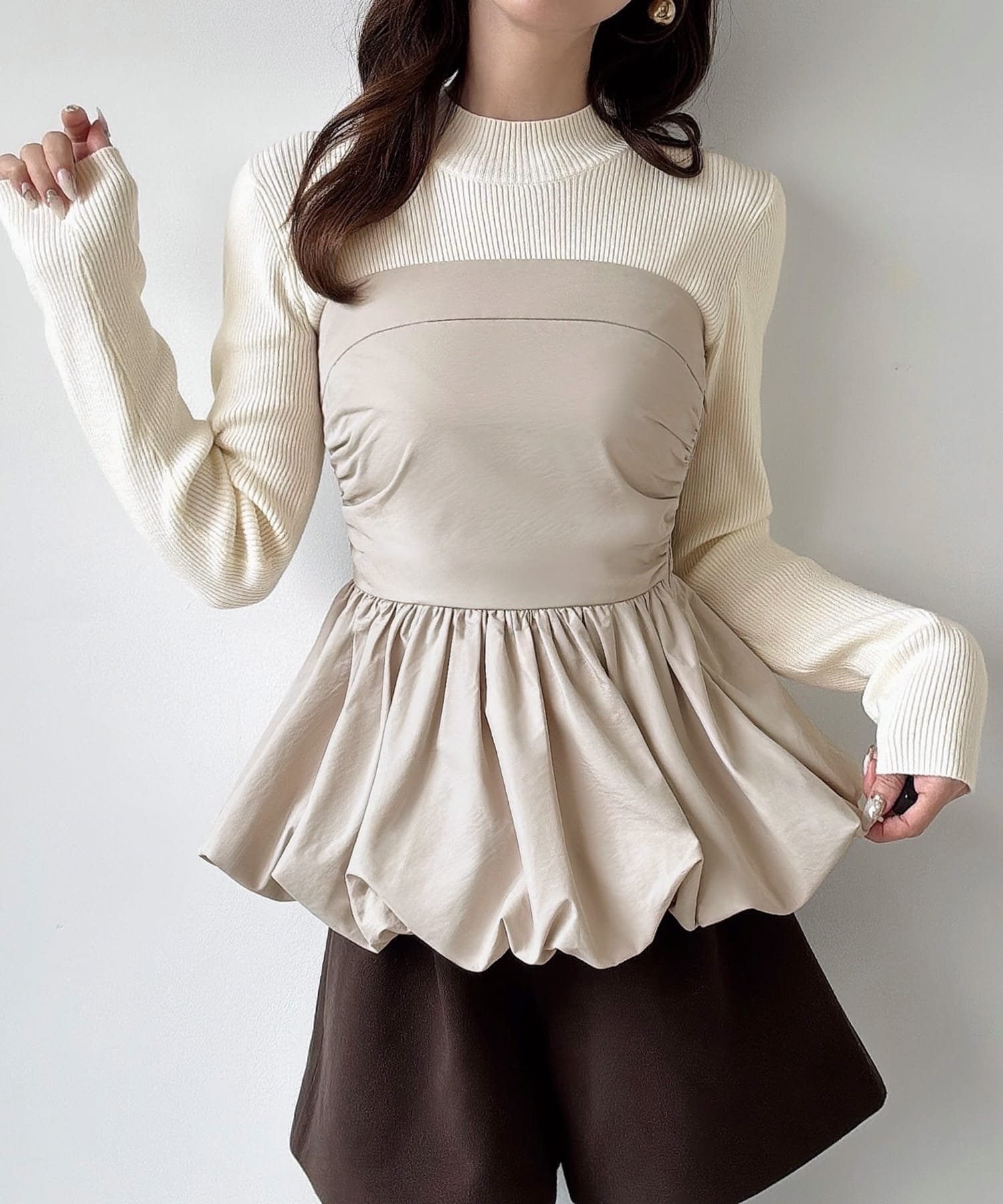 【ジュノア/JUNOAH】のMeiru バルーンビスチェドッキングニット インテリア・キッズ・メンズ・レディースファッション・服の通販 founy(ファニー) 　ファッション　Fashion　レディースファッション　Fashion for Women　トップス・カットソー　Cut & Sew Tops　ニット　Knit Tops & Sweaters　ビスチェ　Bustiers & Corset Tops / Layered Bustier Style　ライトベージュ|ID: prp329100004790945 ipo3291000000034764077