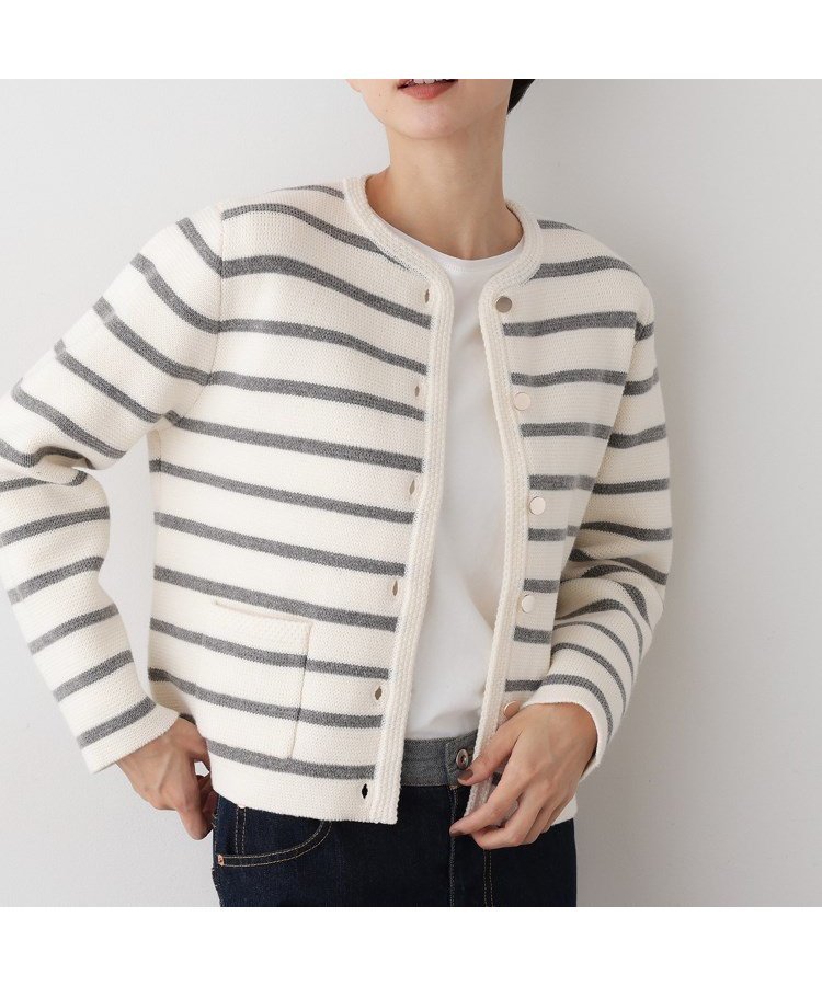【デッサン/Dessin】の【洗える】ジャケット見えカーディガン インテリア・キッズ・メンズ・レディースファッション・服の通販 founy(ファニー) 　ファッション　Fashion　レディースファッション　Fashion for Women　カーディガン　Cardigan, Knitwear　ジャケット　Jacket, Outerwear　スマート　Smart, Elegant　ダブル　Double, Double-Breasted　デニム　Denim, Jeans Material　フロント　Front, Front Design　ボーダー　Border, Stripe　ポケット　Pocket, Pocket Detail　ミラノリブ　Milano Rib, Milano Stitch　冬　Winter / This Winter　洗える　Machine Washable　秋　Autumn　グレー|ID: prp329100004791007 ipo3291000000034764336