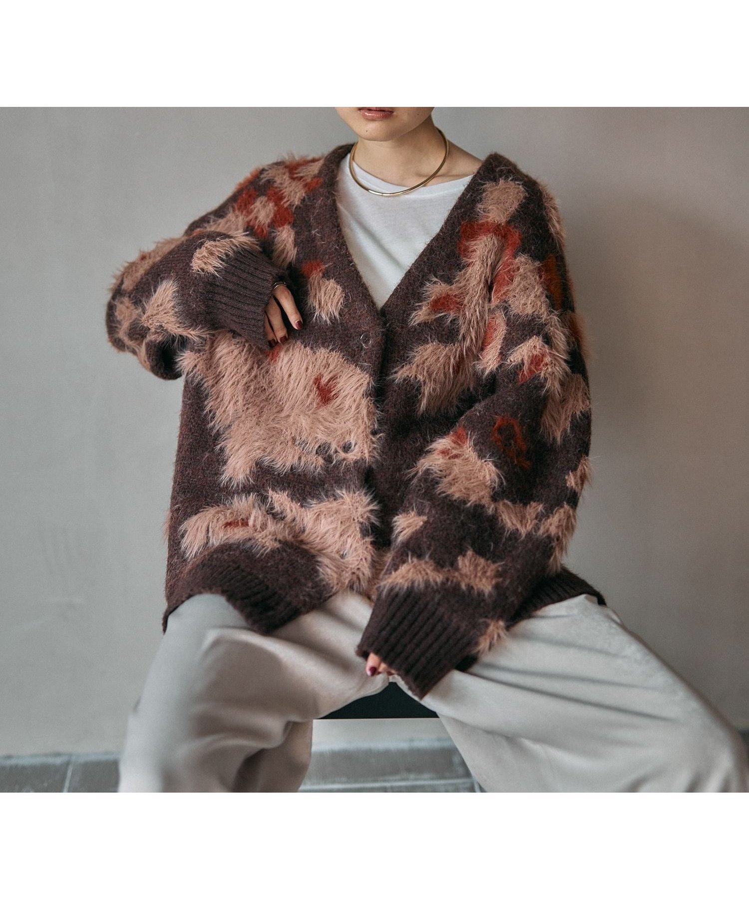 【レプシィム ローリーズファーム/LEPSIM LOWRYS FARM】の5ゲージ柄シャギーVカーディガン インテリア・キッズ・メンズ・レディースファッション・服の通販 founy(ファニー) 　ファッション　Fashion　レディースファッション　Fashion for Women　トップス・カットソー　Cut & Sew Tops　カーディガン・羽織り　Layered Style Cardigans　おすすめ　Recommended / Our Picks　カーディガン　Cardigan, Knitwear　サテン　Satin, Glossy Fabric　ルーズ　Loose, Oversized　ロング　Long, Long-Length　ブラウン58|ID: prp329100004791092 ipo3291000000034937068