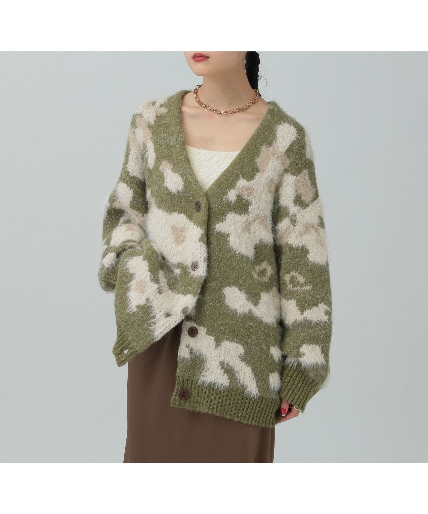 【レプシィム ローリーズファーム/LEPSIM LOWRYS FARM】の5ゲージ柄シャギーVカーディガン インテリア・キッズ・メンズ・レディースファッション・服の通販 founy(ファニー) 　ファッション　Fashion　レディースファッション　Fashion for Women　トップス・カットソー　Cut & Sew Tops　カーディガン・羽織り　Layered Style Cardigans　おすすめ　Recommended / Our Picks　カーディガン　Cardigan, Knitwear　サテン　Satin, Glossy Fabric　ルーズ　Loose, Oversized　ロング　Long, Long-Length　カーキ78|ID: prp329100004791092 ipo3291000000034937069