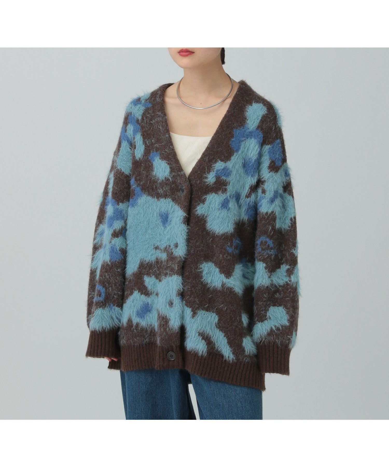 【レプシィム ローリーズファーム/LEPSIM LOWRYS FARM】の5ゲージ柄シャギーVカーディガン インテリア・キッズ・メンズ・レディースファッション・服の通販 founy(ファニー) 　ファッション　Fashion　レディースファッション　Fashion for Women　トップス・カットソー　Cut & Sew Tops　カーディガン・羽織り　Layered Style Cardigans　おすすめ　Recommended / Our Picks　カーディガン　Cardigan, Knitwear　サテン　Satin, Glossy Fabric　ルーズ　Loose, Oversized　ロング　Long, Long-Length　ブルー83|ID: prp329100004791092 ipo3291000000034937070