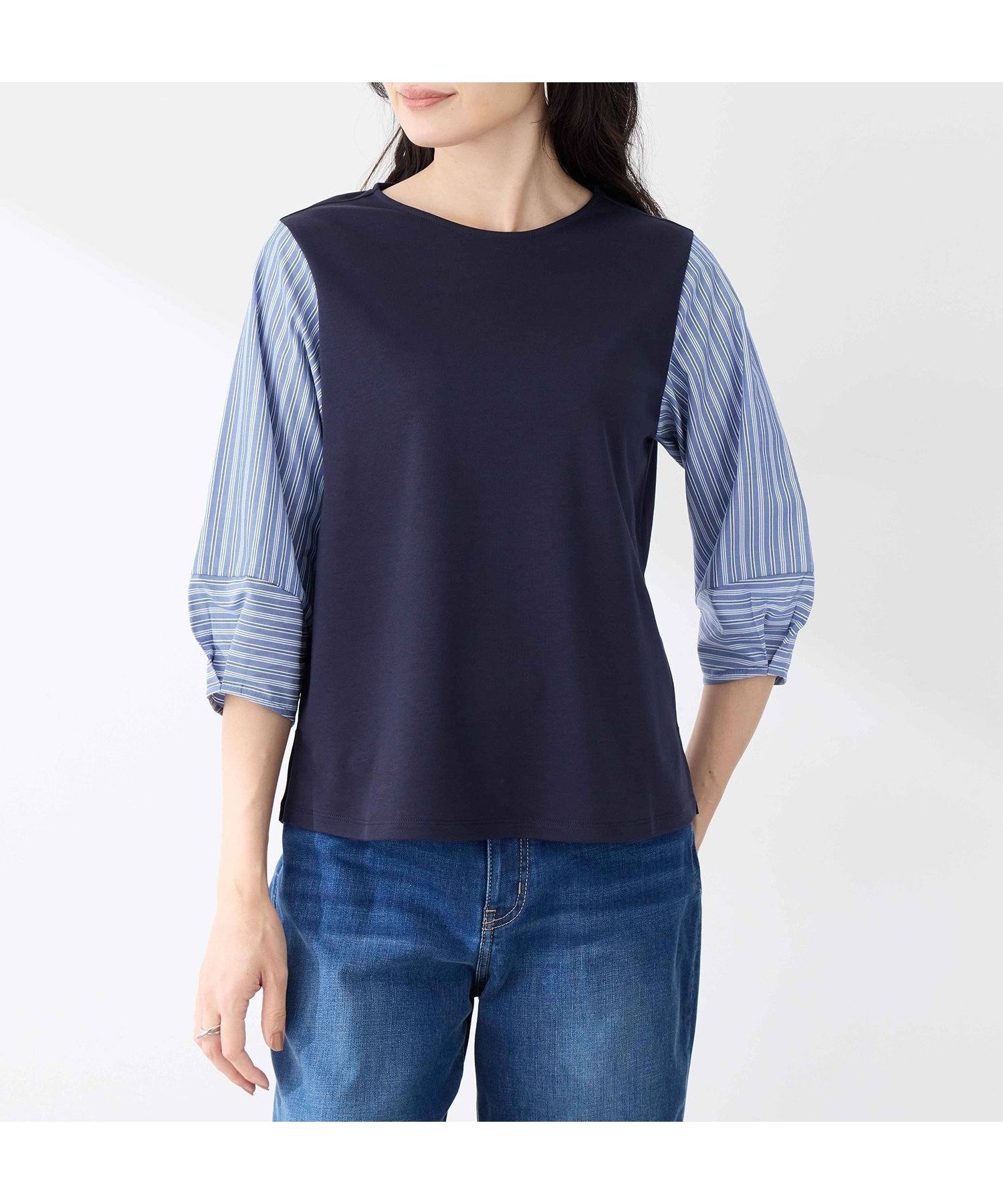 【エーシーデザインバイアルファキュービック/A/C DESIGN BY ALPHACUBIC】のドッキングプルオーバー インテリア・キッズ・メンズ・レディースファッション・服の通販 founy(ファニー) 　ファッション　Fashion　レディースファッション　Fashion for Women　トップス・カットソー　Cut & Sew Tops　カジュアルプルオーバー・ニットトップス　Pullovers & Knit Tops / Casual Pullovers　ストライプ　Stripe, Striped Pattern　スリーブ　Sleeve, Long Sleeve / Short Sleeve　ドッキング　Docking, Mixed Material　ネイビー|ID: prp329100004791990 ipo3291000000034902129