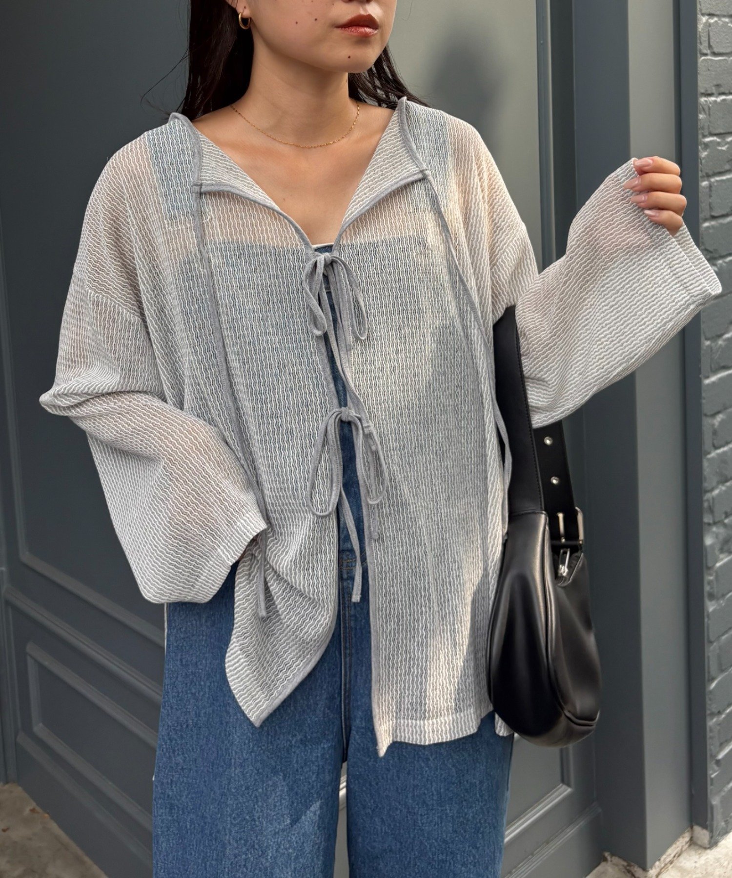 【チャオパニックティピー/CIAOPANIC TYPY】の前後2wayメランジシアーストライプリボンカーデ インテリア・キッズ・メンズ・レディースファッション・服の通販 founy(ファニー) 　ファッション　Fashion　レディースファッション　Fashion for Women　ガーリー　Girly, Feminine Style　キャミ　Camisole, Cami Top　シアー　Sheer, See-Through　シンプル　Simple, Minimal　ストライプ　Stripe, Striped Pattern　スラックス　Slacks, Dress Pants　スリット　Slit, Slit Detail　タンク　Tank Top, Sleeveless Top　デニム　Denim, Jeans Material　長袖　Long Sleeve, Full Sleeve　パイピング　Piping, Trim Design　リボン　Ribbon, Bow　おすすめ　Recommended / Our Picks　エレガント 上品　Elegant　グレー|ID: prp329100004792008 ipo3291000000035025283