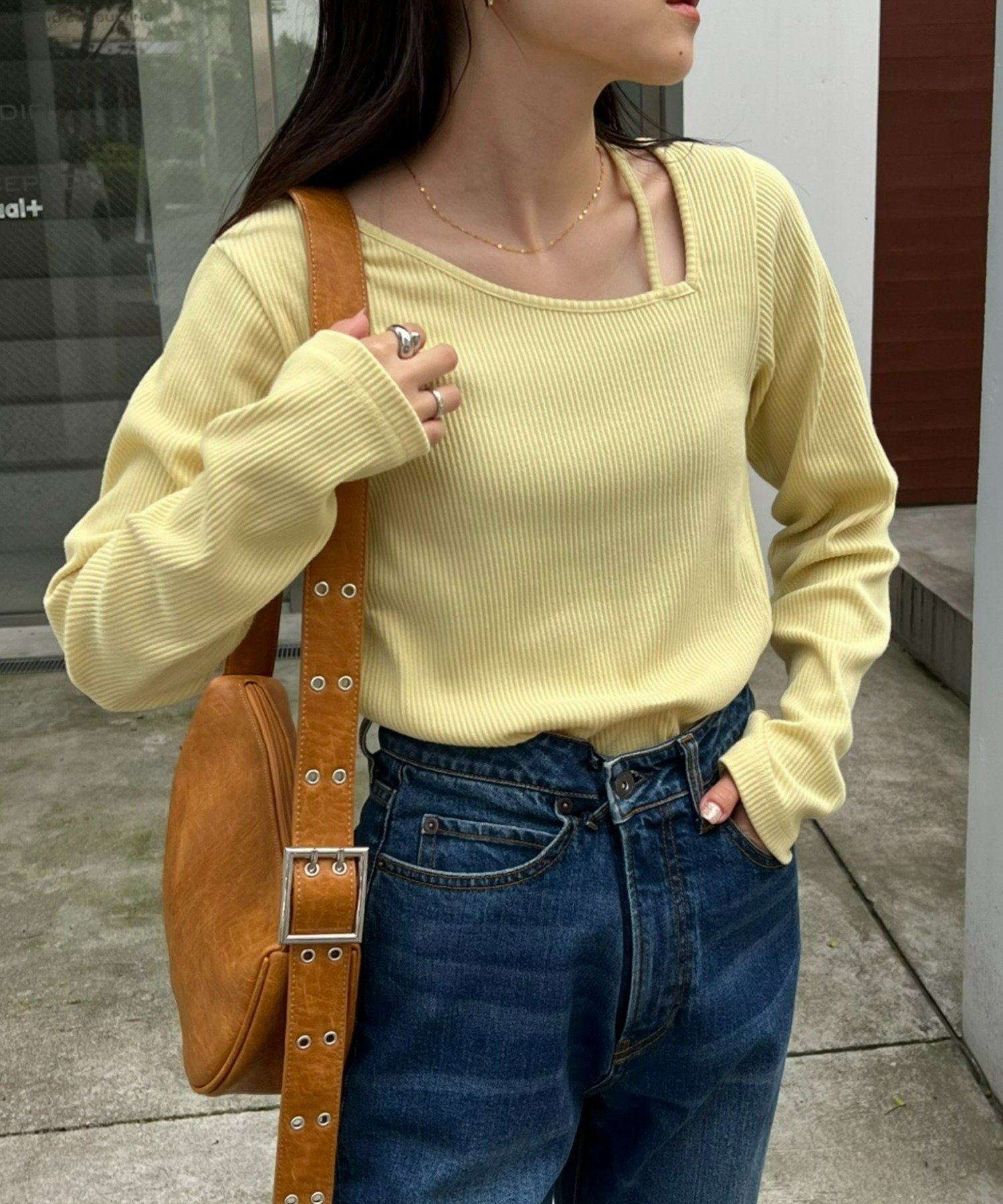 【チャオパニックティピー/CIAOPANIC TYPY】のW【WEB限定】アシメネックリブロンTee インテリア・キッズ・メンズ・レディースファッション・服の通販 founy(ファニー) 　ファッション　Fashion　レディースファッション　Fashion for Women　トップス・カットソー　Cut & Sew Tops　ロングTシャツ・Tシャツ　Longline T-Shirts & Tees　アシンメトリー　Asymmetrical Style　インナー　Innerwear　クール　Cool, Chic　サロペット　Overalls, Salopette　シンプル　Simple, Minimal　スラックス　Slacks, Dress Pants　デコルテ　Décolleté, Neckline　デニム　Denim, Jeans Material　フィット　Fit, Slim Fit　ベーシック　Basic, Essential　ワイド　Wide, Wide Fit　おすすめ　Recommended / Our Picks　イエロー|ID: prp329100004792016 ipo3291000000034996777