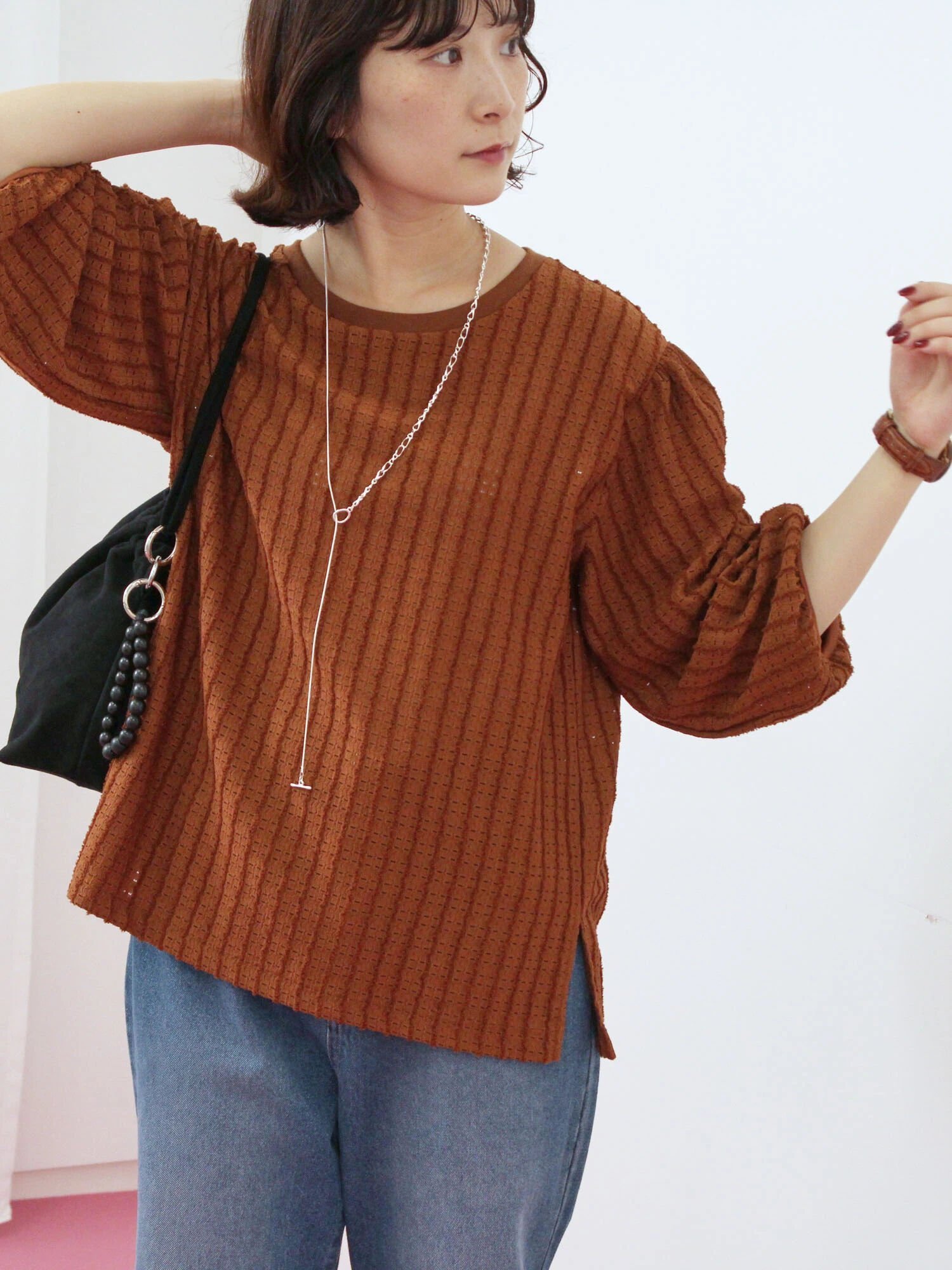 【サマンサモスモス/Samansa Mos2】のジャカードボリュームスリーブプルオーバー インテリア・キッズ・メンズ・レディースファッション・服の通販 founy(ファニー) 　ファッション　Fashion　レディースファッション　Fashion for Women　トップス・カットソー　Cut & Sew Tops　カジュアルプルオーバー・ニットトップス　Pullovers & Knit Tops / Casual Pullovers　ボリューム袖・フリルスリーブブラウス　Voluminous & Ruffle Sleeves / Puffy Sleeve Tops　シンプル　Simple, Minimal　ジャカード／ジャガード　Jacquard, Woven Pattern　スリーブ　Sleeve, Long Sleeve / Short Sleeve　デニム　Denim, Jeans Material　ブラウン|ID: prp329100004792054 ipo3291000000034770373