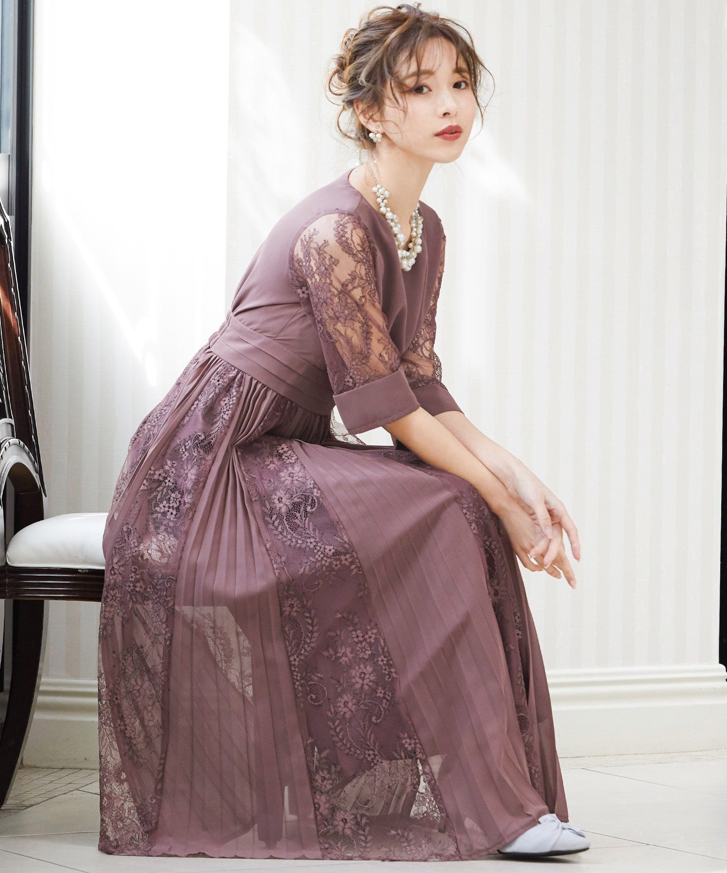 【ビーフラット/bflat】のプリーツ*レース 7分袖パーティードレス 結婚式ワンピース インテリア・キッズ・メンズ・レディースファッション・服の通販 founy(ファニー) ファッション Fashion レディースファッション Fashion for Women ワンピース Dresses フォーマル・パーティードレス・結婚式用ドレス Elegant & Casual Dresses エレガント 上品 Elegant スリーブ Sleeve, Long Sleeve / Short Sleeve ドレス Dress, One-Piece フレア Flare, Flared プリーツ Pleats, Pleated ミックス Mix, Mixed Style レース Lace, Lace Fabric ロング Long, Long-Length 二次会 After Party 結婚式 Wedding パープル|ID: prp329100004792067 ipo3291000000034810743