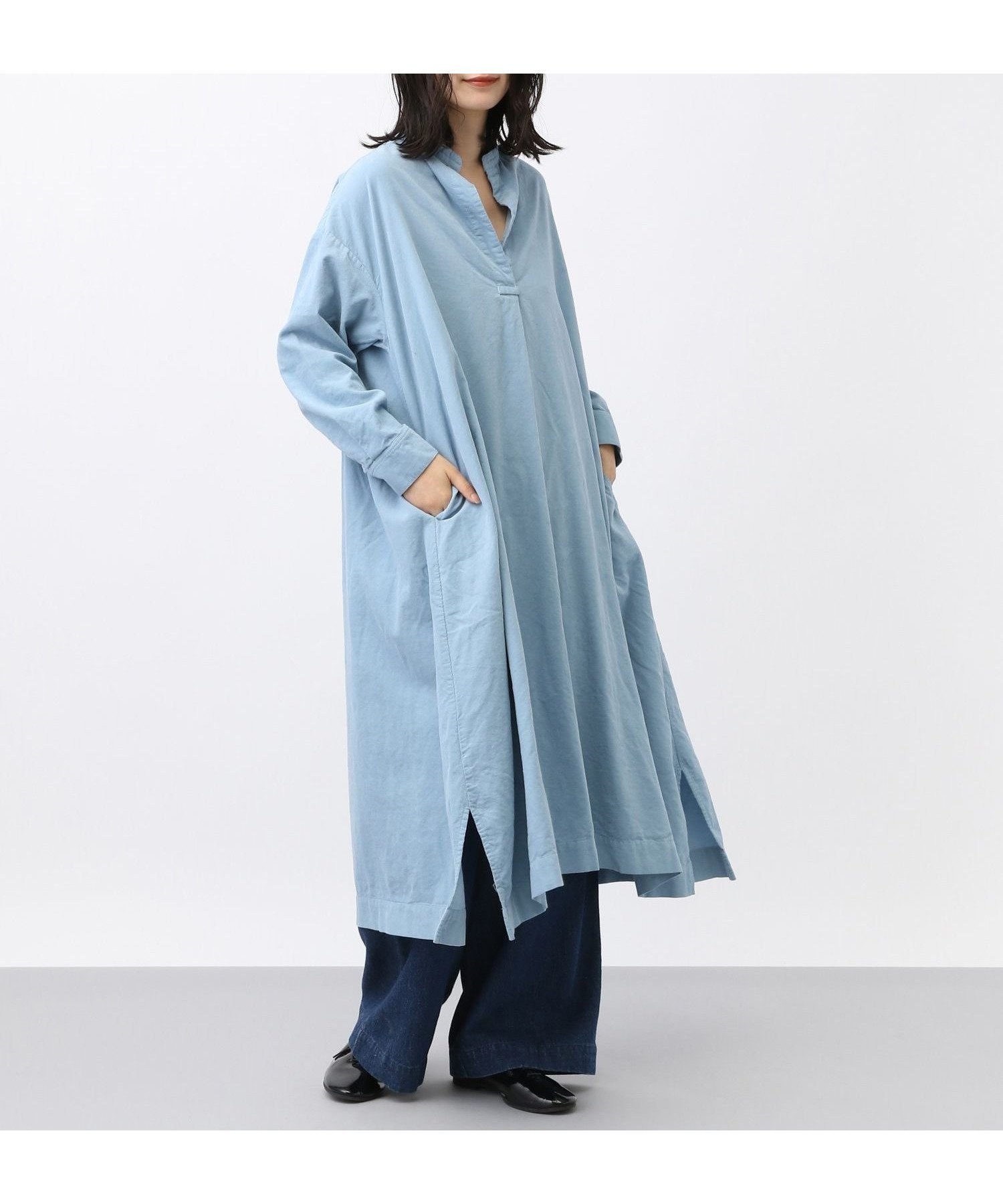 【スタディオ クリップ/studio CLIP】の《natural by clip》製品染めシャツコールワンピース インテリア・キッズ・メンズ・レディースファッション・服の通販 founy(ファニー) 　ファッション　Fashion　レディースファッション　Fashion for Women　ワンピース　Dresses　おすすめ　Recommended / Our Picks　インナー　Innerwear　スキッパー　Skipper, Open Collar　タートル　Turtleneck, Turtle Collar　フレア　Flare, Flared　ベスト　Vest, Waistcoat　ロング　Long, Long-Length　ブルー80|ID: prp329100004792118 ipo3291000000035238497