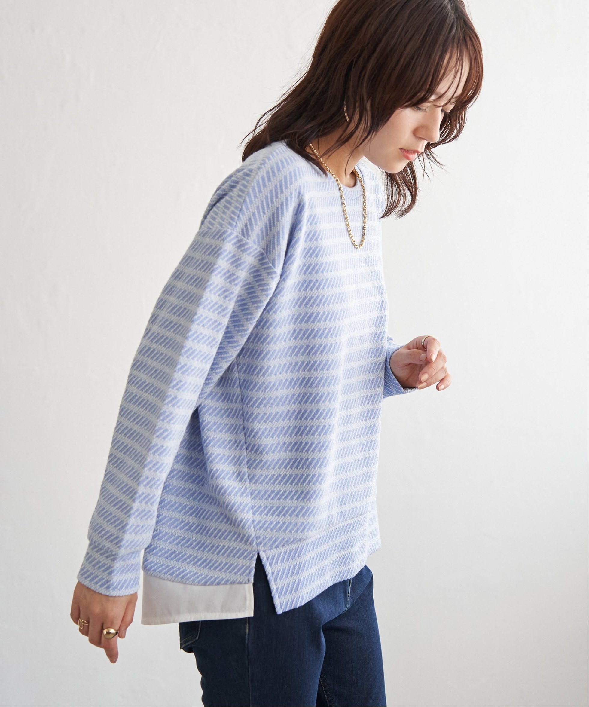 【イッカ/ikka】のカットジャガード裾レイヤープルオーバー インテリア・キッズ・メンズ・レディースファッション・服の通販 founy(ファニー) 　ファッション　Fashion　レディースファッション　Fashion for Women　トップス・カットソー　Cut & Sew Tops　カジュアルプルオーバー・ニットトップス　Pullovers & Knit Tops / Casual Pullovers　カットジャガード　Cut Jacquard　カットソー　Cut and Sewn Top　ドッキング　Docking, Mixed Material　ブルー|ID: prp329100004792157 ipo3291000000034944148