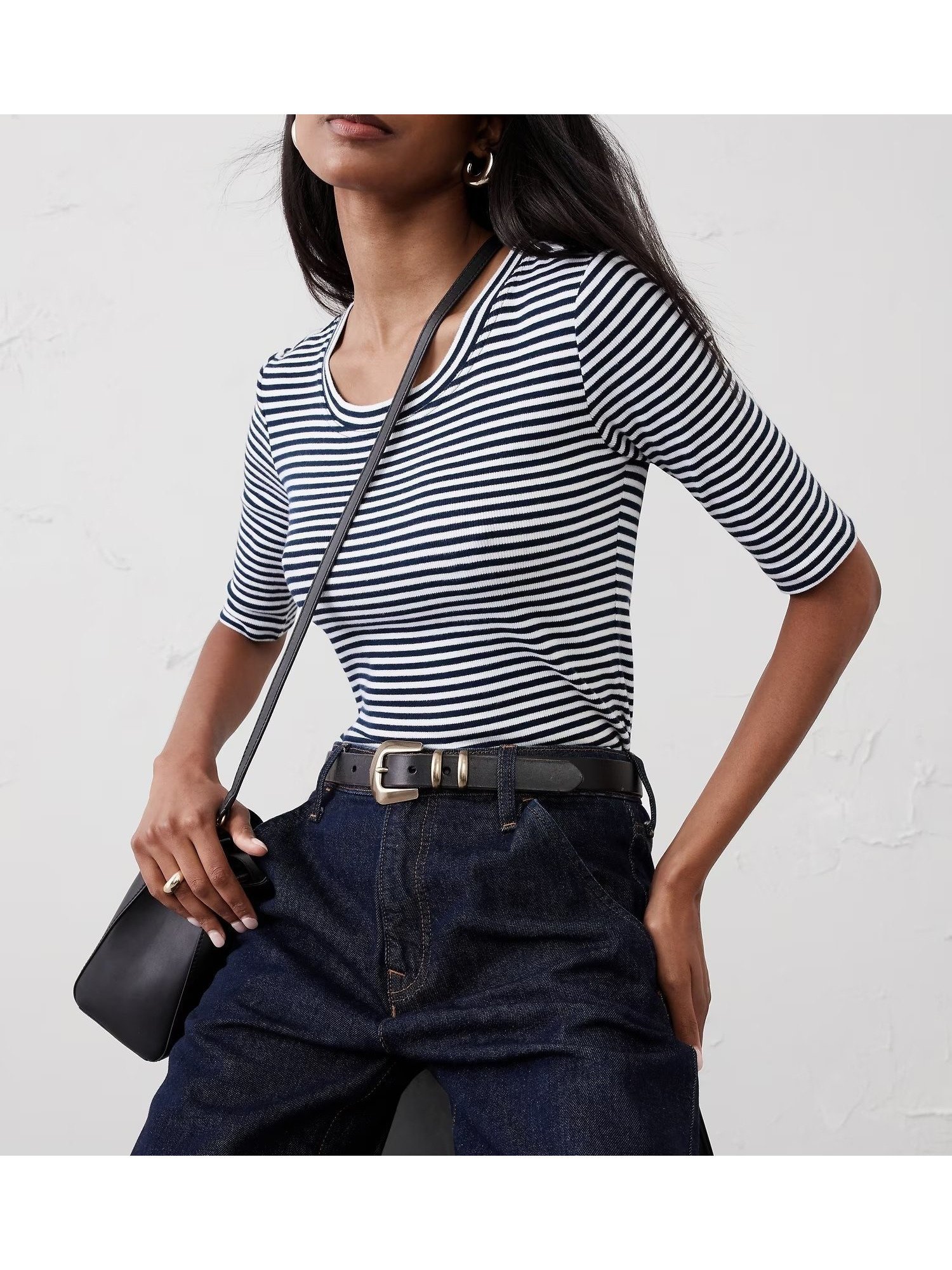 【バナナリパブリック ファクトリーストア/BANANA REPUBLIC FACTORY STORE】のBANANA REPUBLIC FACTORY STORE リブTシャツ インテリア・キッズ・メンズ・レディースファッション・服の通販 founy(ファニー) 　ファッション　Fashion　レディースファッション　Fashion for Women　トップス・カットソー　Cut & Sew Tops　シャツ・ブラウス・オフィスカジュアル　Elegant Blouses & Button-Ups　ロングTシャツ・Tシャツ　Longline T-Shirts & Tees　インナー　Innerwear　ジャケット　Jacket, Outerwear　デコルテ　Décolleté, Neckline　ベーシック　Basic, Essential　NAVY_MINI_STRIPE|ID: prp329100004792208 ipo3291000000034919816