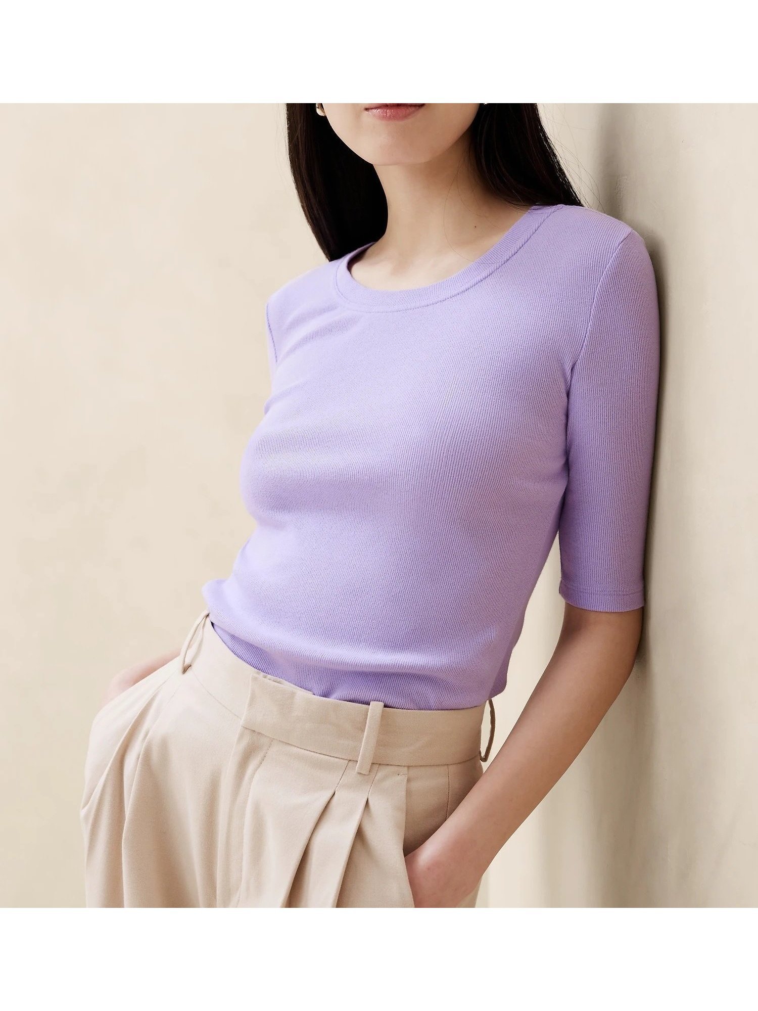 【バナナリパブリック ファクトリーストア/BANANA REPUBLIC FACTORY STORE】のBANANA REPUBLIC FACTORY STORE リブTシャツ インテリア・キッズ・メンズ・レディースファッション・服の通販 founy(ファニー) 　ファッション　Fashion　レディースファッション　Fashion for Women　トップス・カットソー　Cut & Sew Tops　シャツ・ブラウス・オフィスカジュアル　Elegant Blouses & Button-Ups　ロングTシャツ・Tシャツ　Longline T-Shirts & Tees　インナー　Innerwear　ジャケット　Jacket, Outerwear　デコルテ　Décolleté, Neckline　ベーシック　Basic, Essential　ICY_LILAC|ID: prp329100004792208 ipo3291000000034919833