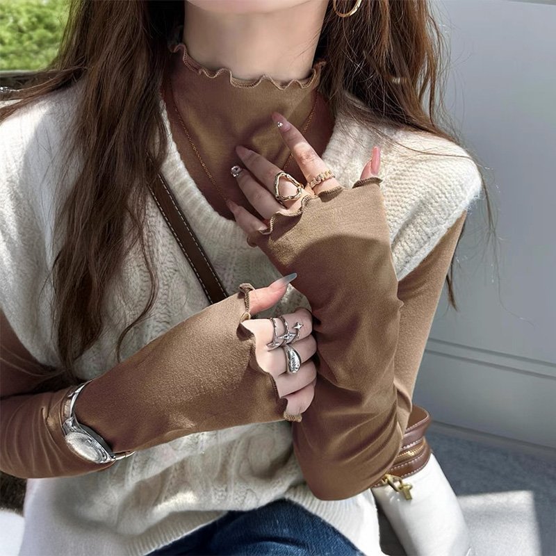 【ココモモ/COCOMOMO】のストレッチカットソー フリルネックロンT ハイネック 配色 バイカラー 長袖 インテリア・キッズ・メンズ・レディースファッション・服の通販 founy(ファニー) ファッション Fashion レディースファッション Fashion for Women トップス・カットソー Cut & Sew Tops ロングTシャツ・Tシャツ Longline T-Shirts & Tees カットソー・ベーシックTシャツ Cut-and-Sewn Tops / Stretch Tees & Basics インナー Innerwear オレンジ Orange カットソー Cut and Sewn Top ハイネック High Neck, Mock Neck 無地 Plain, Solid Color 長袖 Long Sleeve, Full Sleeve ブラウン|ID: prp329100004792226 ipo3291000000034771400