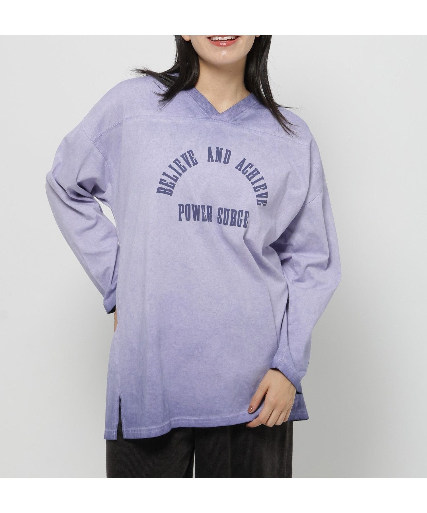 【ニコアンド/niko and】のフットボールフェードチュニックTシャツ インテリア・キッズ・メンズ・レディースファッション・服の通販 founy(ファニー) ファッション Fashion レディースファッション Fashion for Women トップス・カットソー Cut & Sew Tops シャツ・ブラウス・オフィスカジュアル Elegant Blouses & Button-Ups ロングTシャツ・Tシャツ Longline T-Shirts & Tees おすすめ Recommended / Our Picks スニーカー Sneakers, Trainers チュニック Tunic, Long Top デニム Denim, Jeans Material ハーフ Half, Half-Length プリント Print, Printed Pattern リラックス Relax, Relaxed Fit 吸水 Absorbent, Quick-Dry 長袖 Long Sleeve, Full Sleeve パープル|ID: prp329100004792436 ipo3291000000034772826